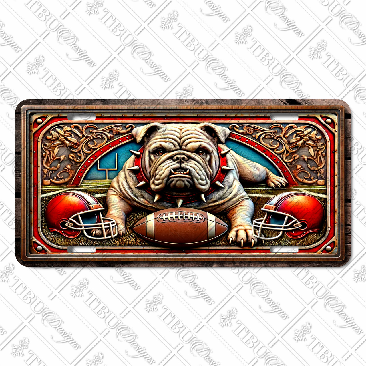 Bulldog football mascot license plate featuring spiked-collar bulldog, football, and helmets in rustic embossed-look artwork on aluminum.