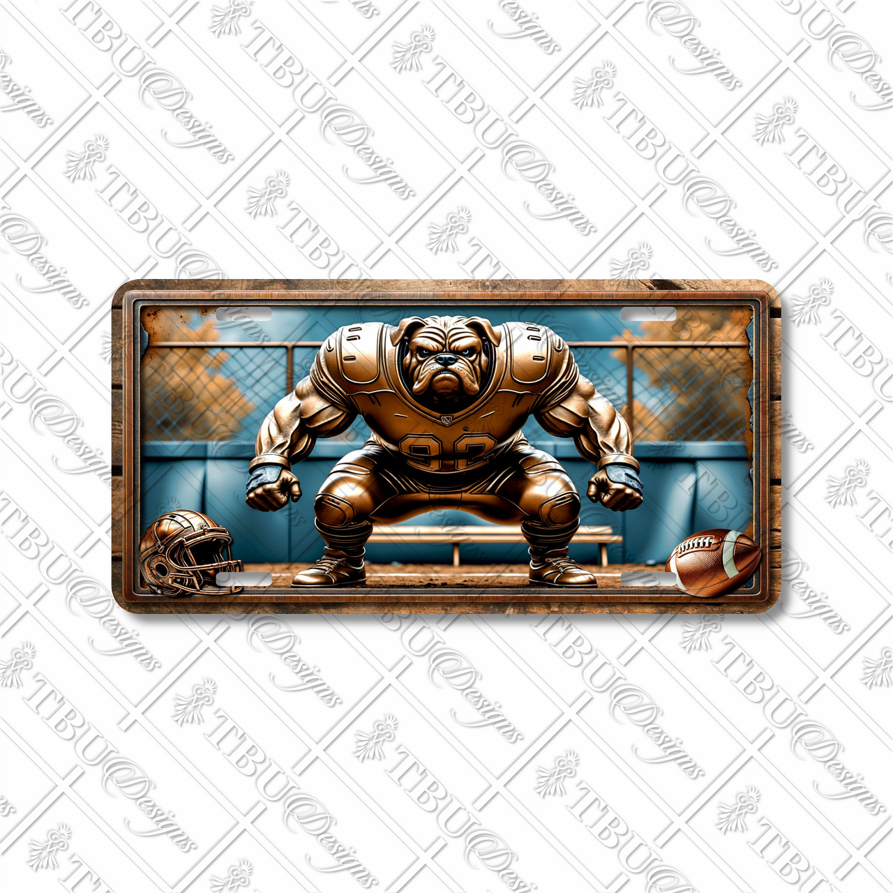 Bulldog football mascot license plate featuring linebacker squat stance with chain-link fence background, rustic embossed-look artwork on aluminum.