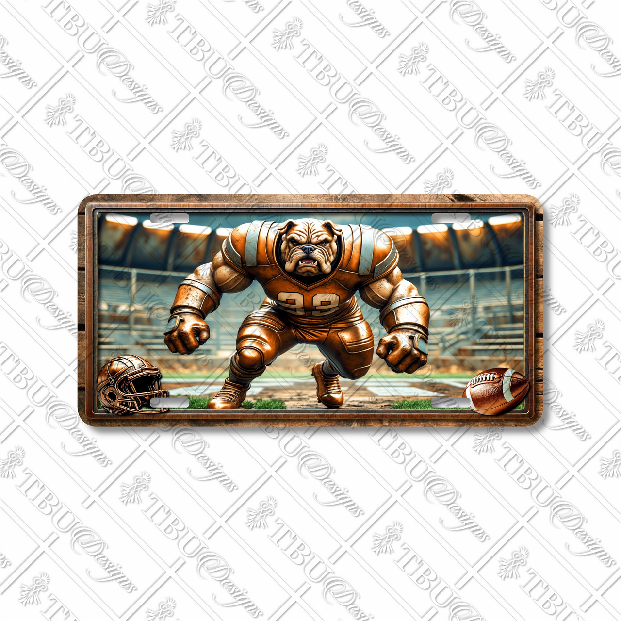 Bulldog football mascot license plate featuring copper-toned bulldog charging forward in rustic embossed-look artwork with stadium backdrop