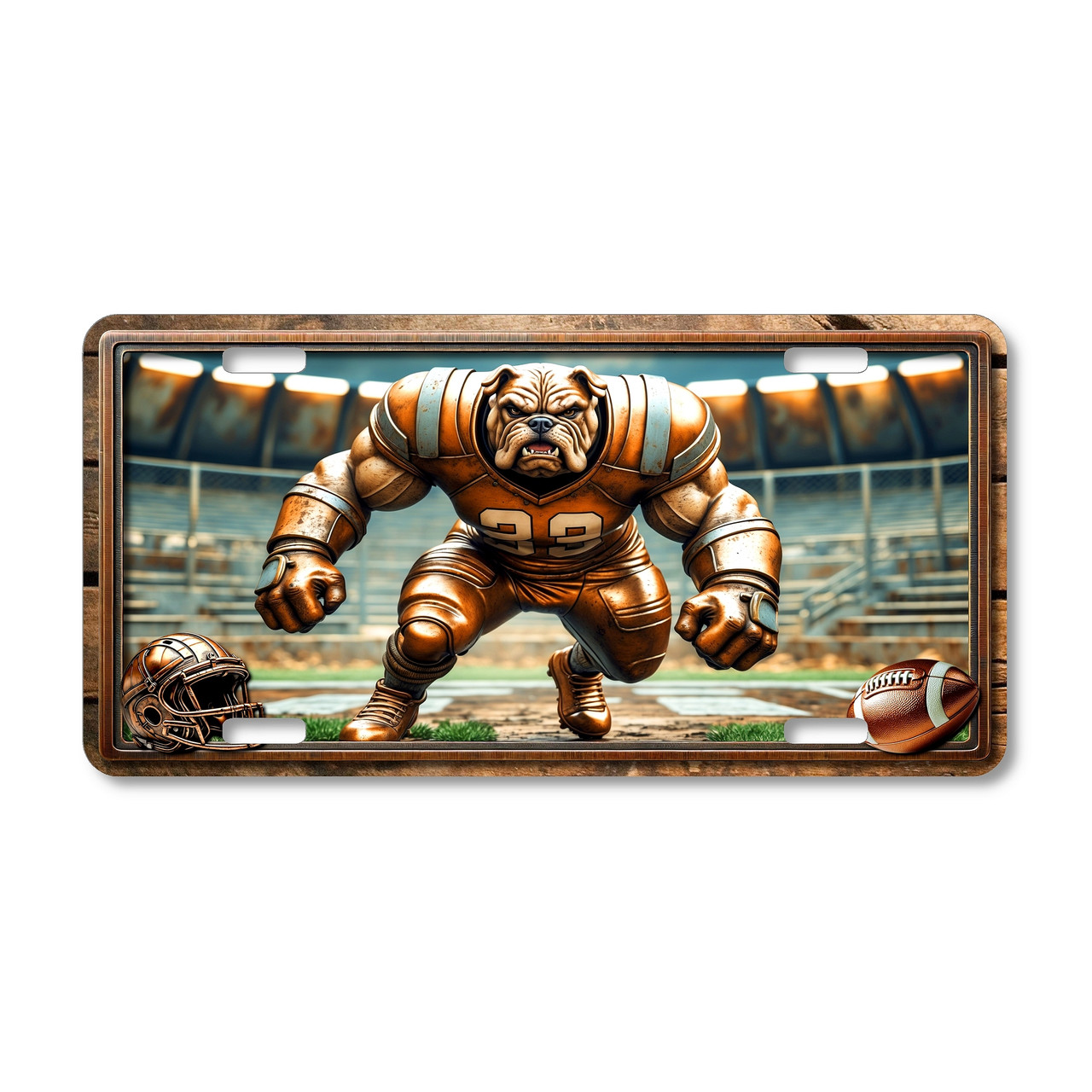 Bulldog football mascot license plate featuring copper-toned bulldog charging forward in rustic embossed-look artwork with stadium backdrop