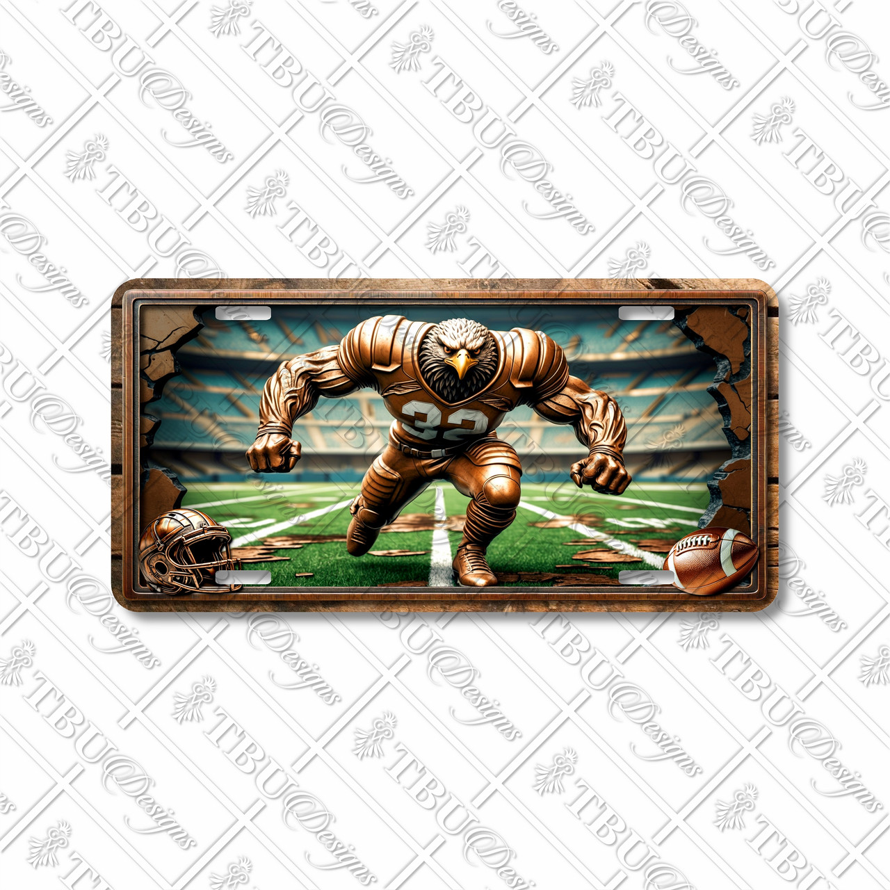 Eagle football mascot license plate featuring copper-toned eagle charging across the field in rustic embossed-look artwork with cracked frame design