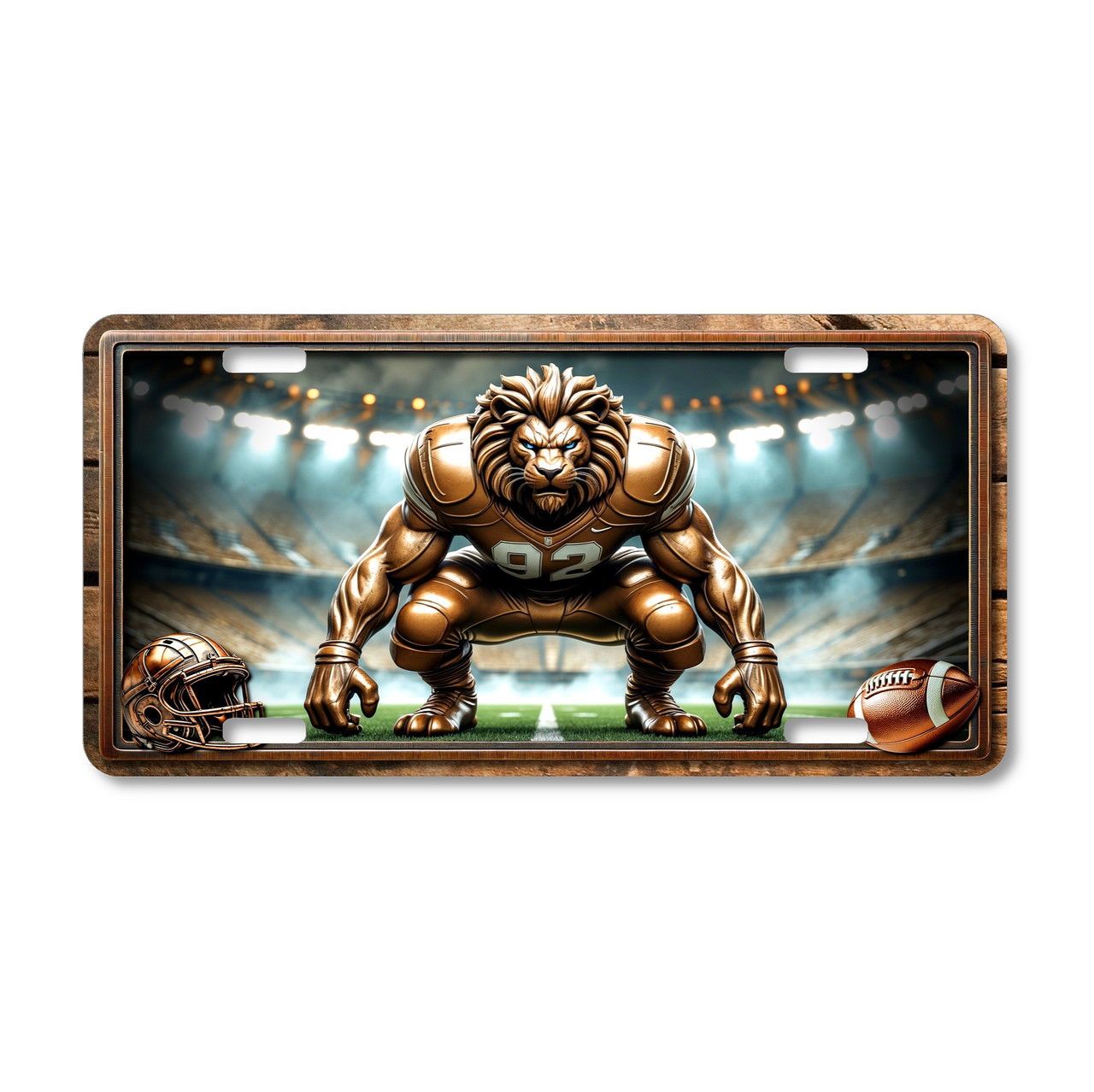 Lion football mascot license plate featuring copper-toned lion crouched in linebacker stance with glowing stadium lights in rustic embossed-look artwork
