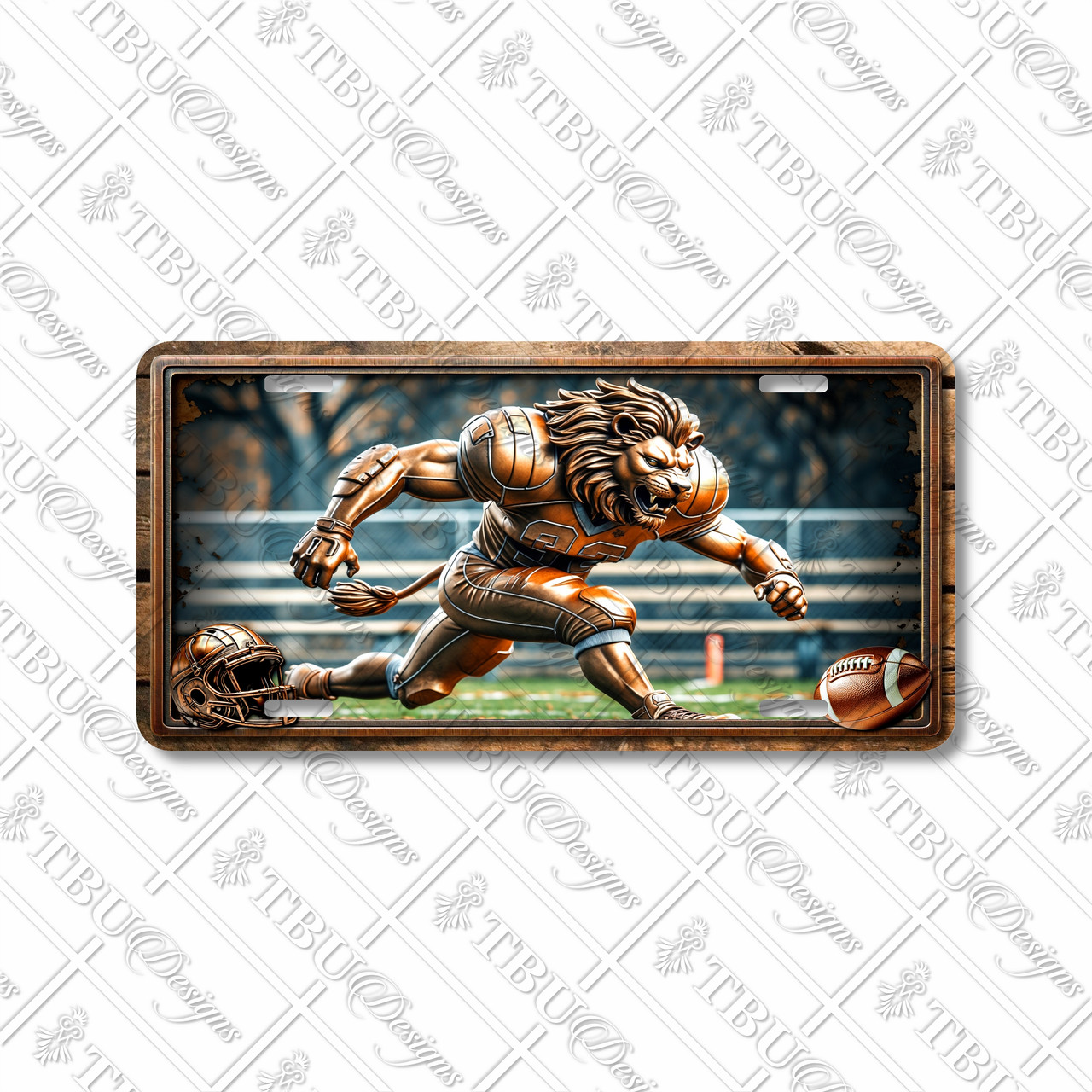Lion football mascot license plate featuring copper-toned lion sprinting mid-charge in rustic embossed-look artwork with stadium backdrop.