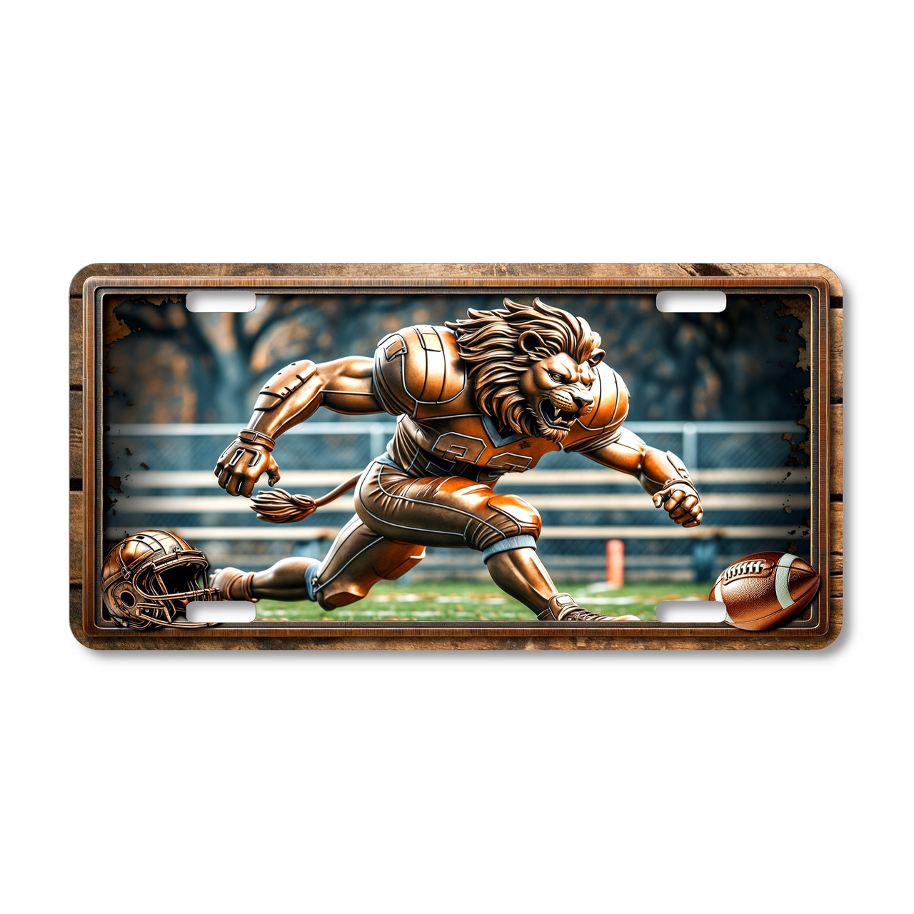 Lion football mascot license plate featuring copper-toned lion sprinting mid-charge in rustic embossed-look artwork with stadium backdrop.