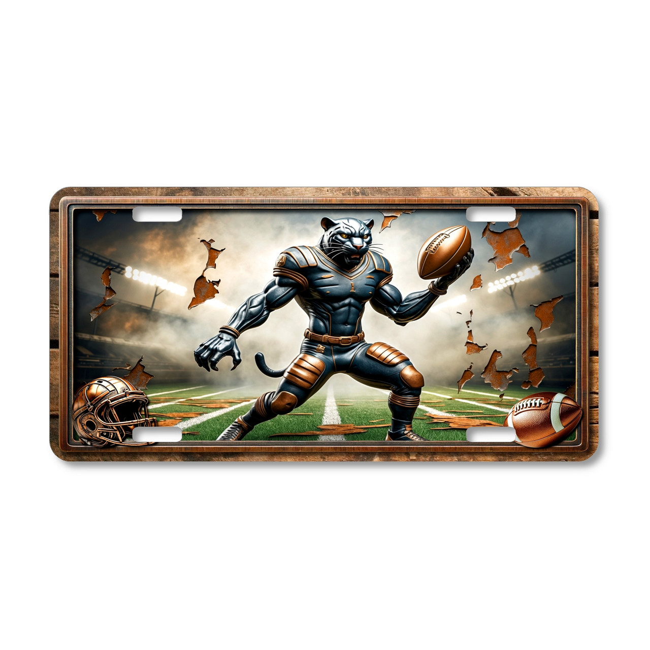 Panther football mascot license plate featuring muscular copper-and-steel-toned panther gripping a football with cracked stadium wall backdrop in rustic embossed-look artwork.