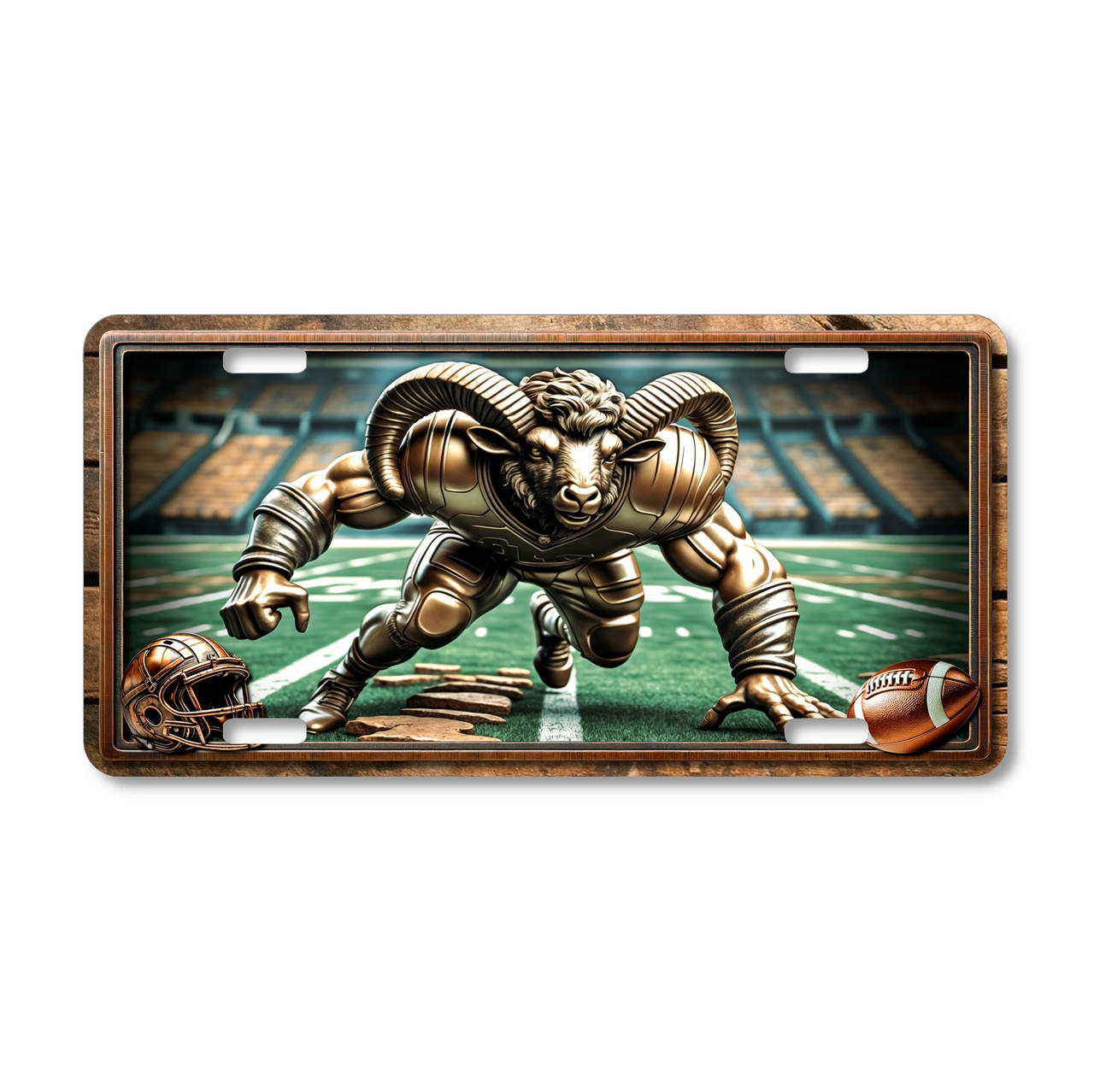 Ram football mascot license plate featuring copper-toned ram in charging stance with horns curled and stadium backdrop in rustic embossed-look artwork.