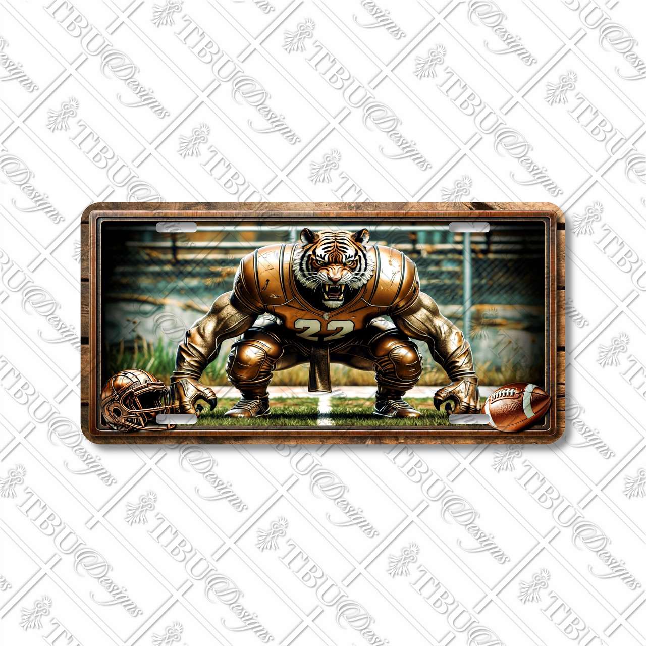Tiger football mascot license plate featuring a bronze-and-copper armored tiger crouched in a linebacker stance against a stadium background, rustic embossed-look artwork on aluminum.
