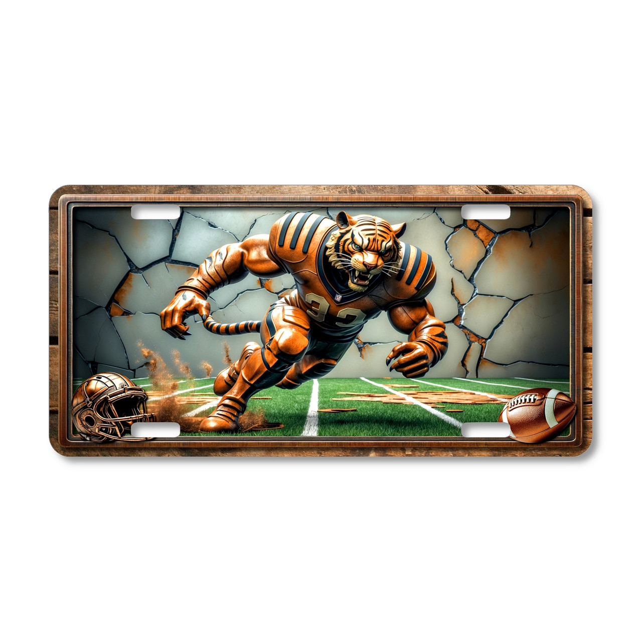 Tiger football mascot license plate featuring a roaring tiger in bronze football armor charging across the field with cracked stone wall background, rustic embossed-look artwork on aluminum.