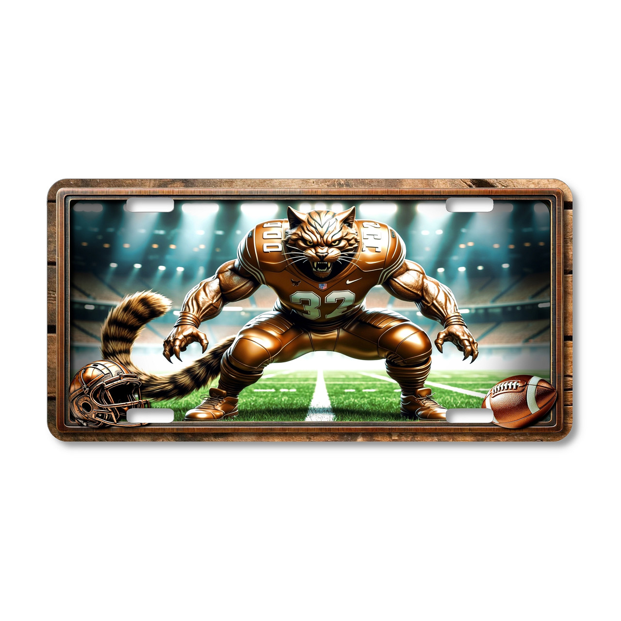 Wildcat football mascot license plate featuring a crouching bronze-toned wildcat in football armor under stadium lights, rustic embossed-look artwork on aluminum.