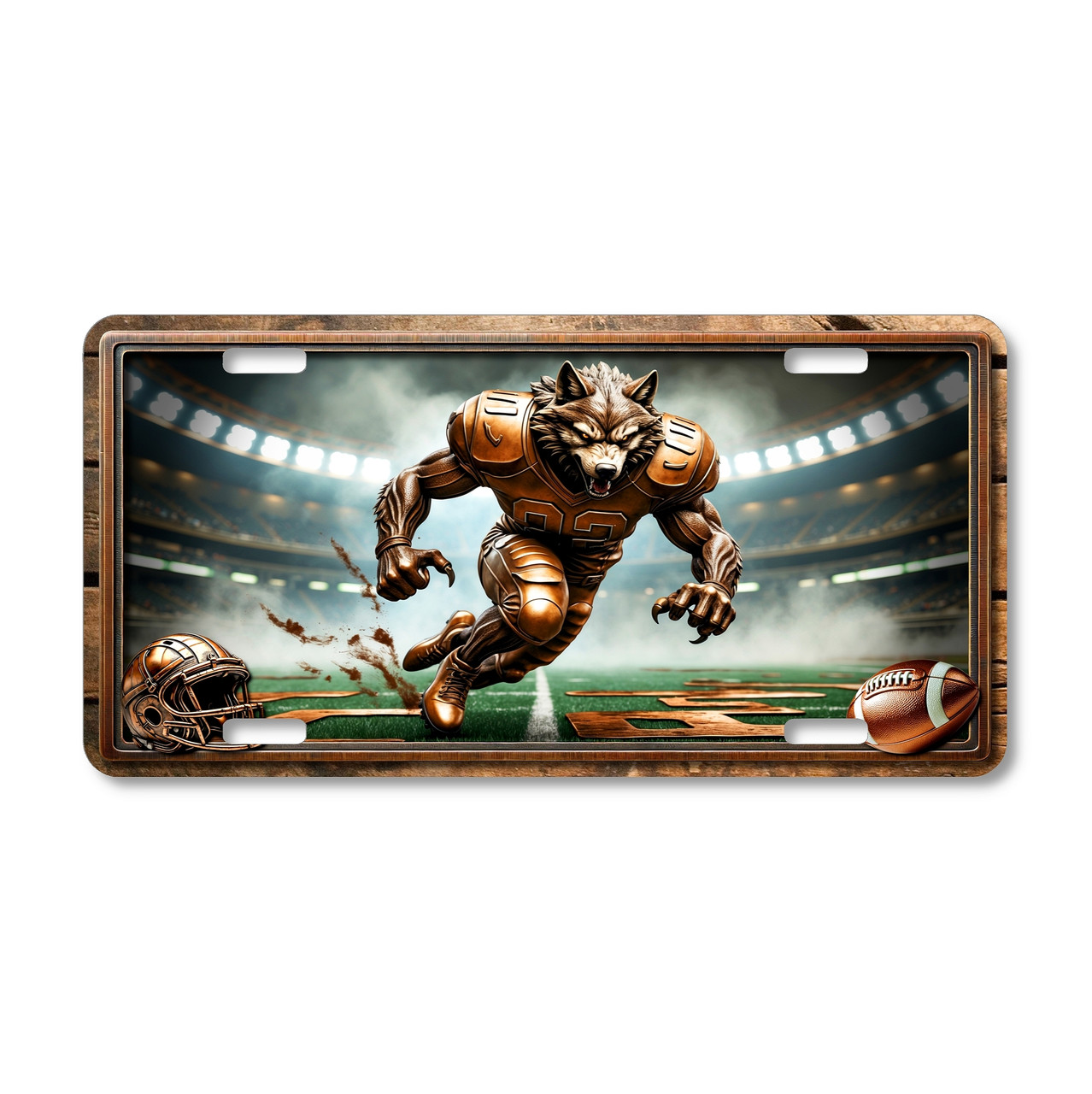 Wolf football mascot license plate featuring a bronze-armored wolf sprinting forward under stadium lights with torn turf effect, rustic embossed-look artwork on aluminum.
