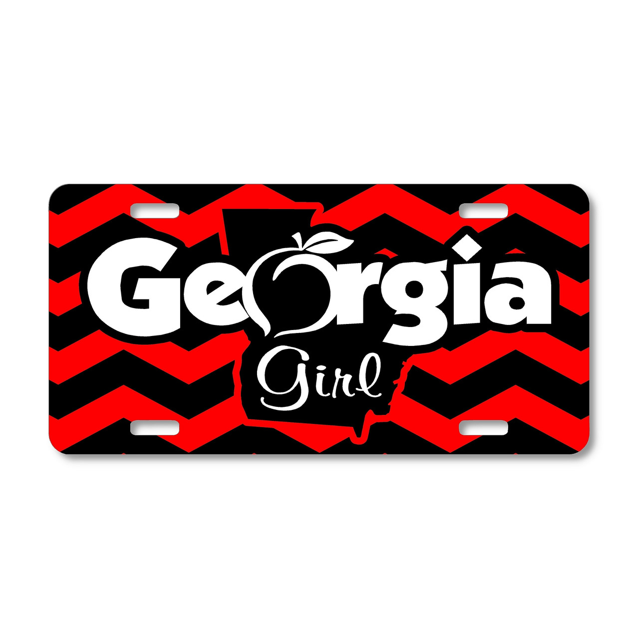 Georgia Girl license plate featuring red-and-black chevron background with white “Georgia” text, peach accent, and state silhouette with “Girl,” rustic embossed-look artwork on aluminum.