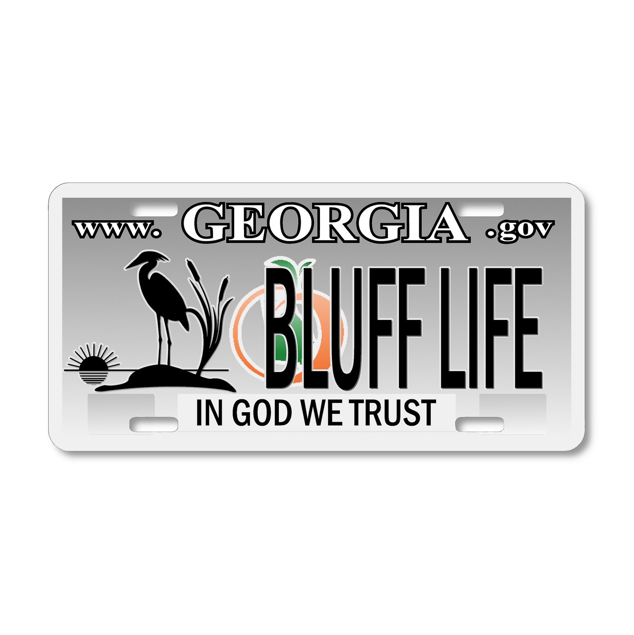 Georgia Bluff Life license plate featuring heron silhouette, cattails, peach accent, bold “BLUFF LIFE” text, and “In God We Trust” phrase, rustic embossed-look artwork on aluminum.