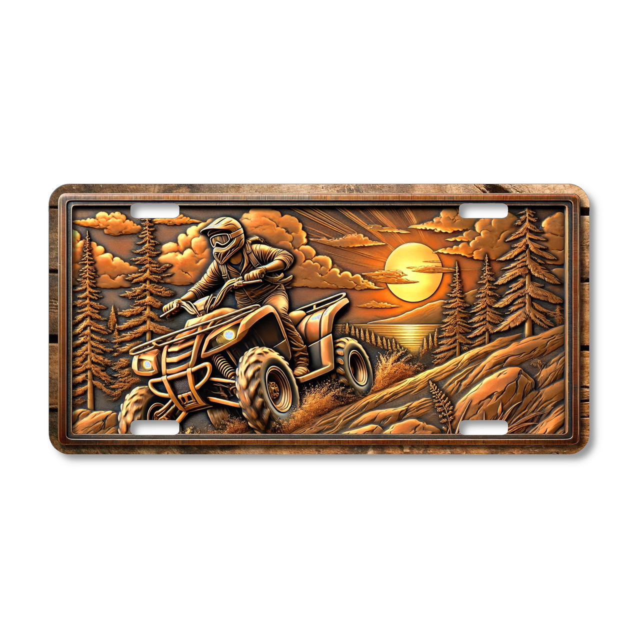 ATV rider license plate featuring a four-wheeler climbing rocky terrain at sunset with pine trees and bronze embossed-look design on aluminum.
