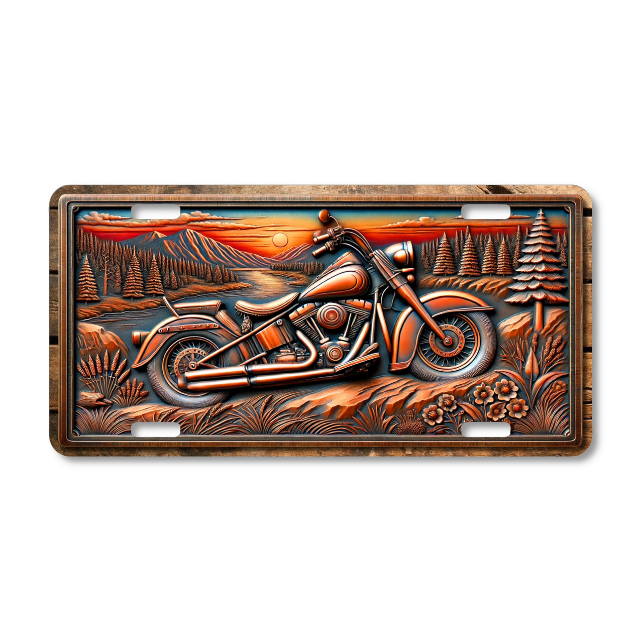 Motorcycle license plate featuring a cruiser bike in bronze tones parked near a river with pine trees, mountains, and glowing sunset, rustic embossed-look artwork on aluminum.