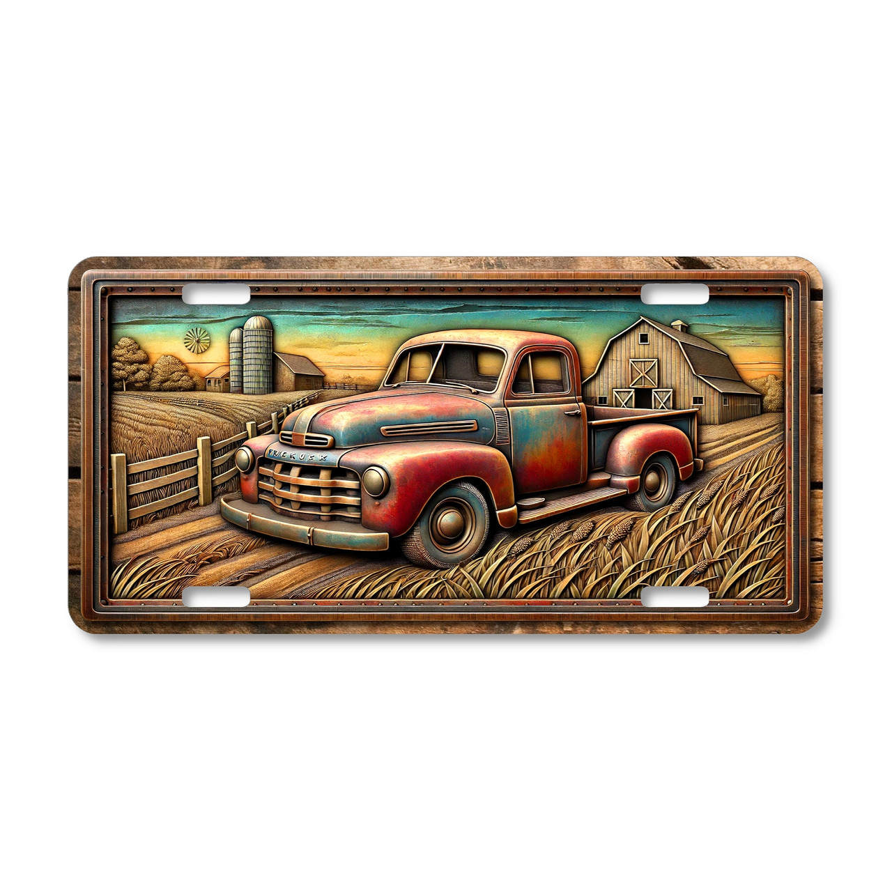 Farm truck license plate featuring a vintage red pickup truck in front of a barn and silo with golden wheat fields at sunset, rustic embossed-look artwork on aluminum.