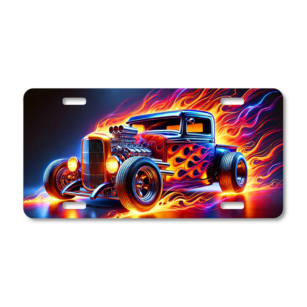Hot rod license plate featuring a classic retro muscle car with chrome engine and vivid flame graphics surrounding the body, rustic embossed-look artwork on aluminum.
