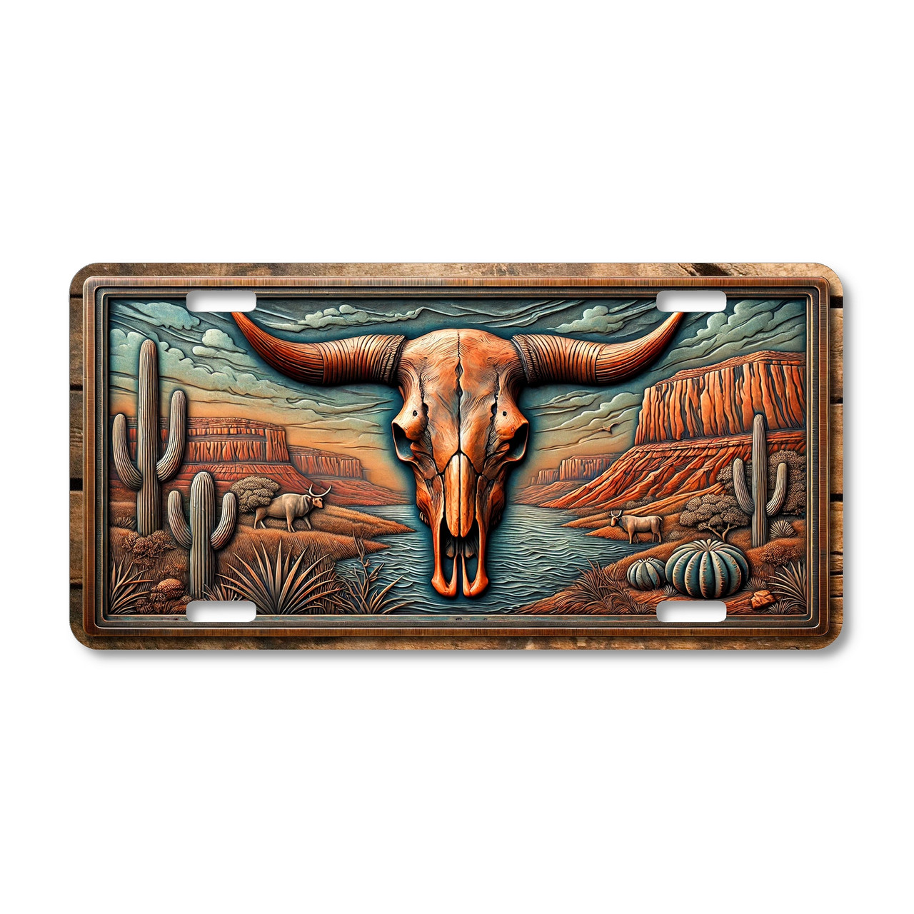 Western longhorn skull license plate with desert scene printed on flat sublimated aluminum