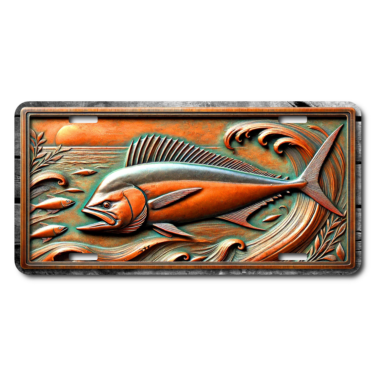 Mahi Mahi license plate featuring embossed-look copper and teal fish leaping among curling ocean waves with sunset backdrop.
