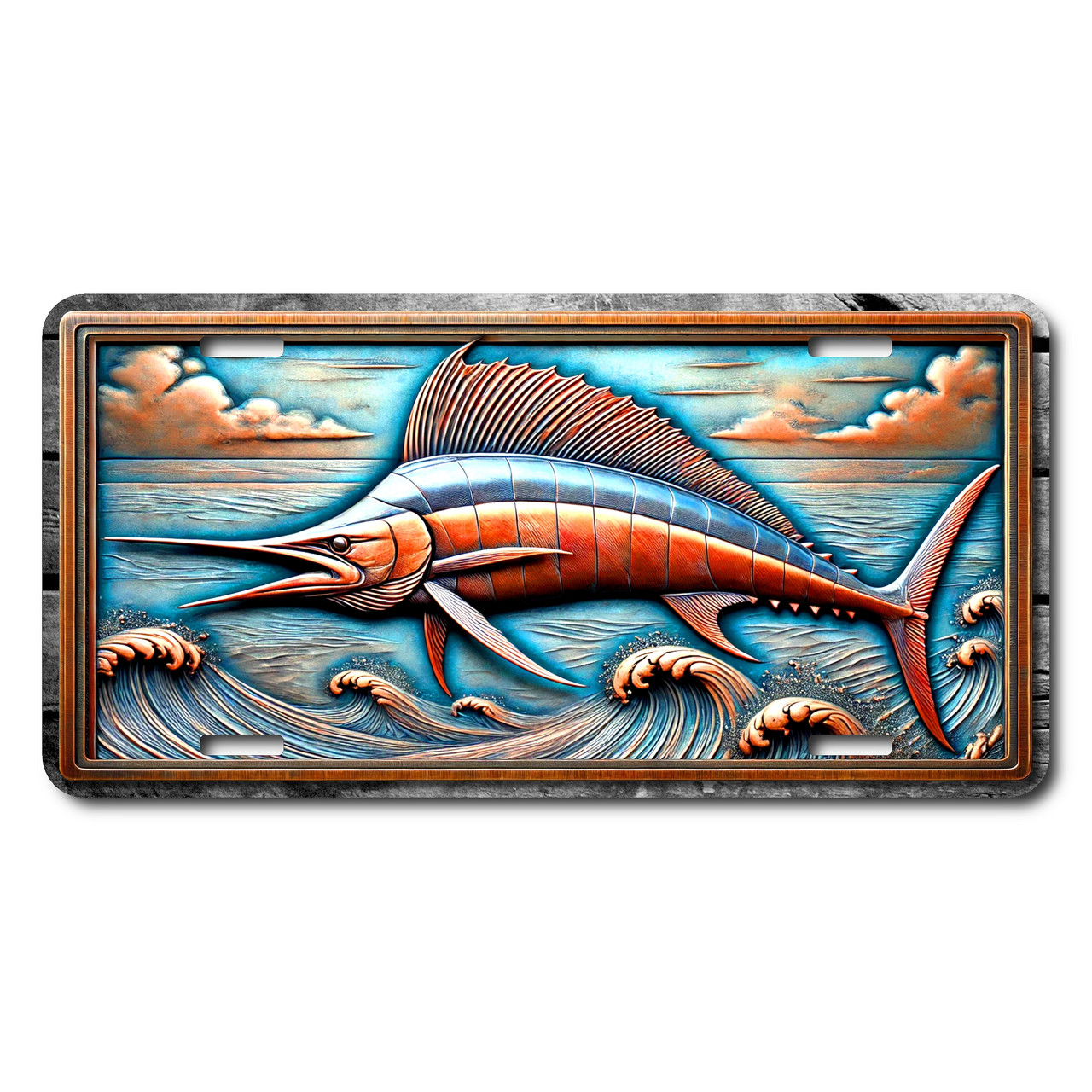 Marlin license plate featuring embossed-look copper and blue marlin leaping among curling waves under dramatic sky.