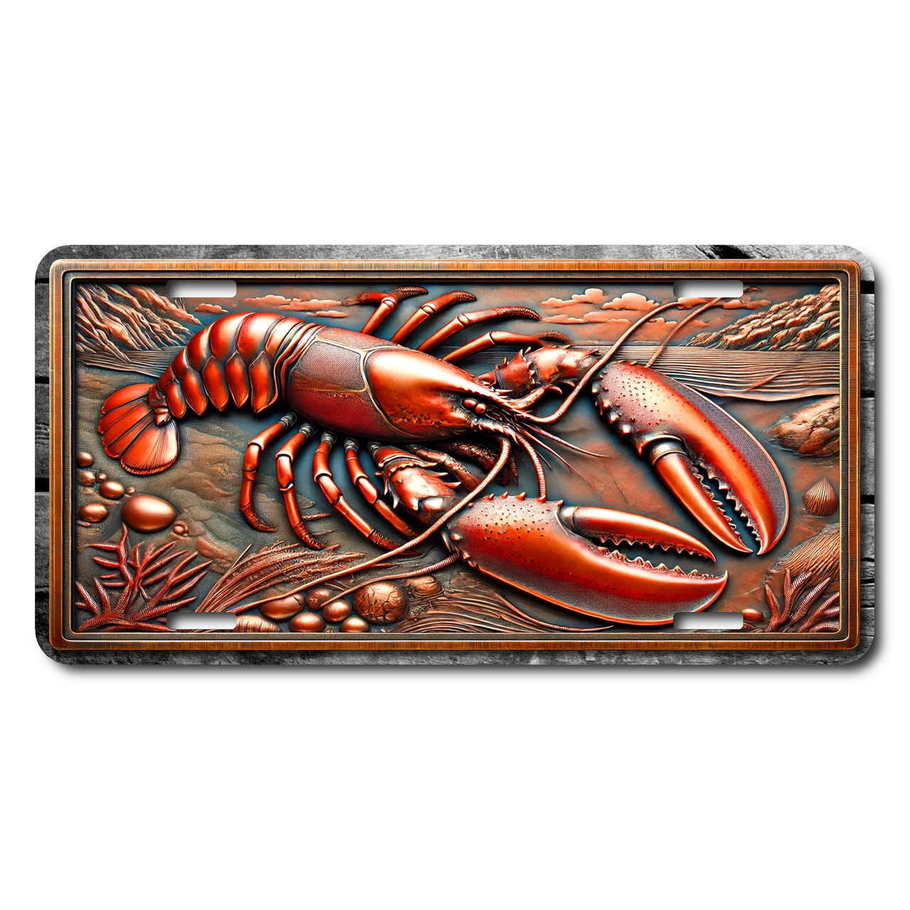 Lobster license plate featuring embossed-look red and bronze lobster resting on ocean floor with coral and rocks