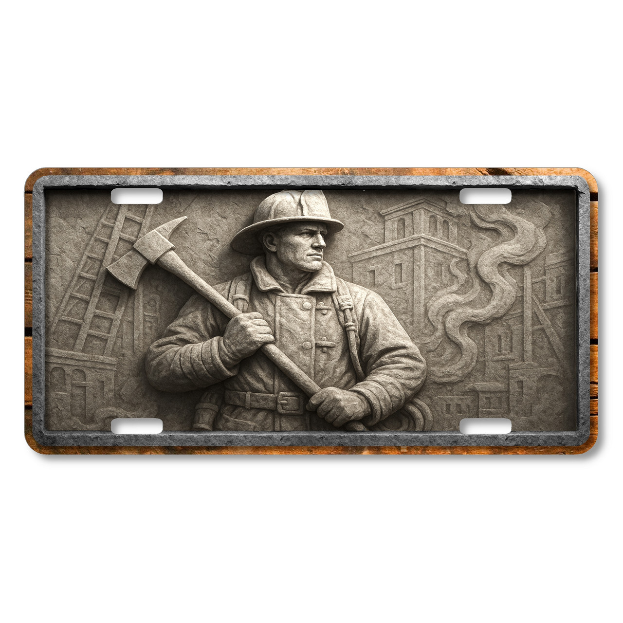 Stone relief-style firefighter holding an axe with smoke and buildings in the background, flat printed on an aluminum license plate.