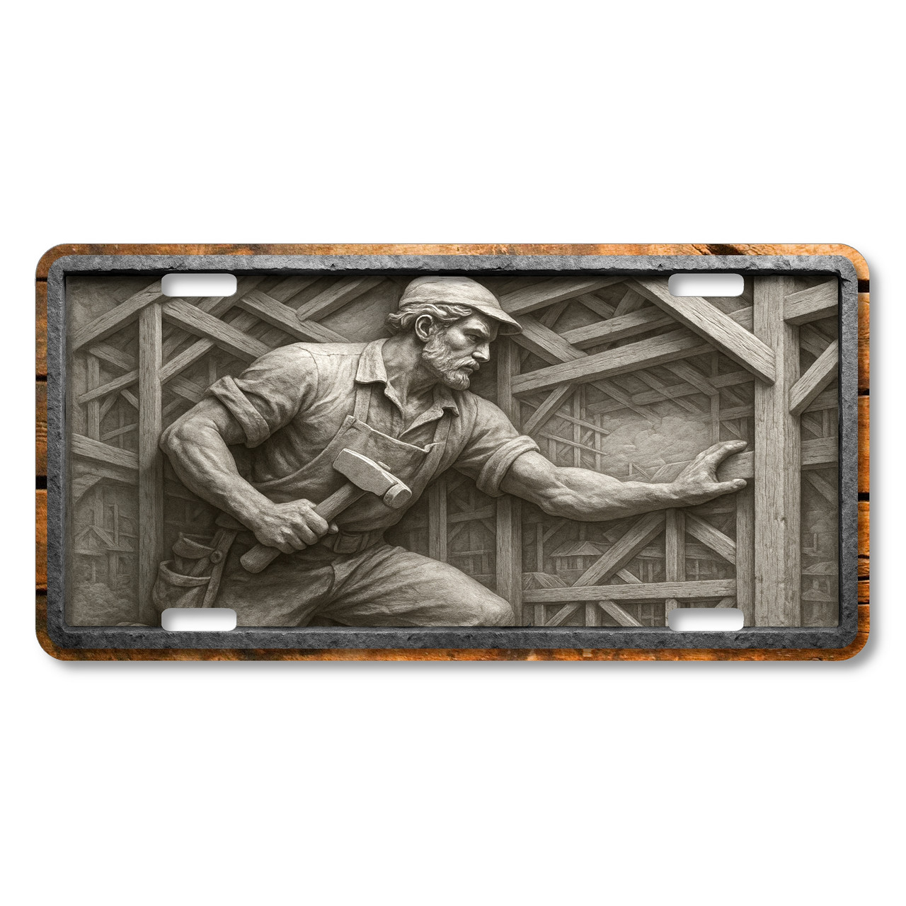 Stone relief-style carpenter working inside a timber frame with hammer in hand, flat printed on an aluminum license plate.