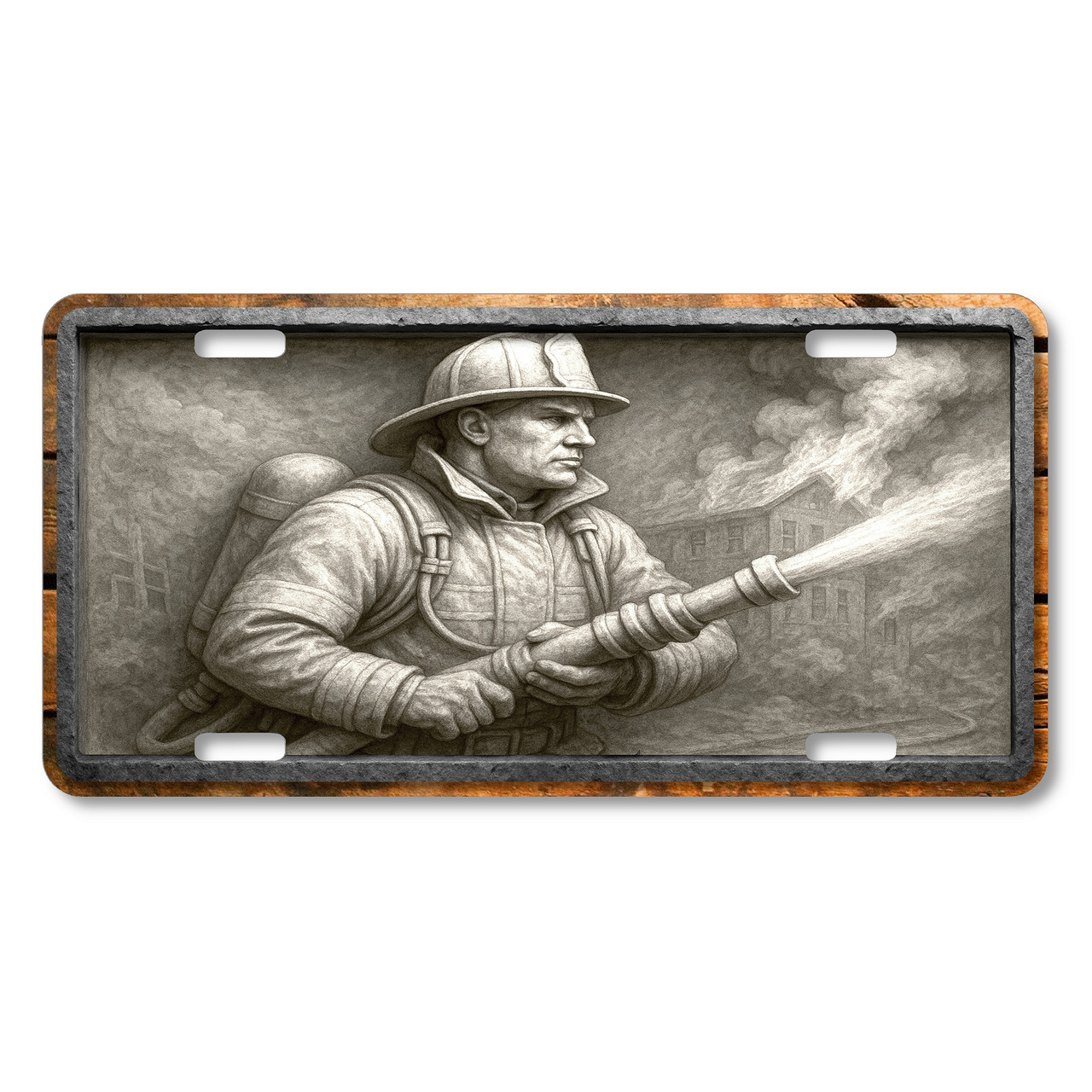 Stone relief-style firefighter in gear battling flames with a fire hose, flat printed on an aluminum license plate.