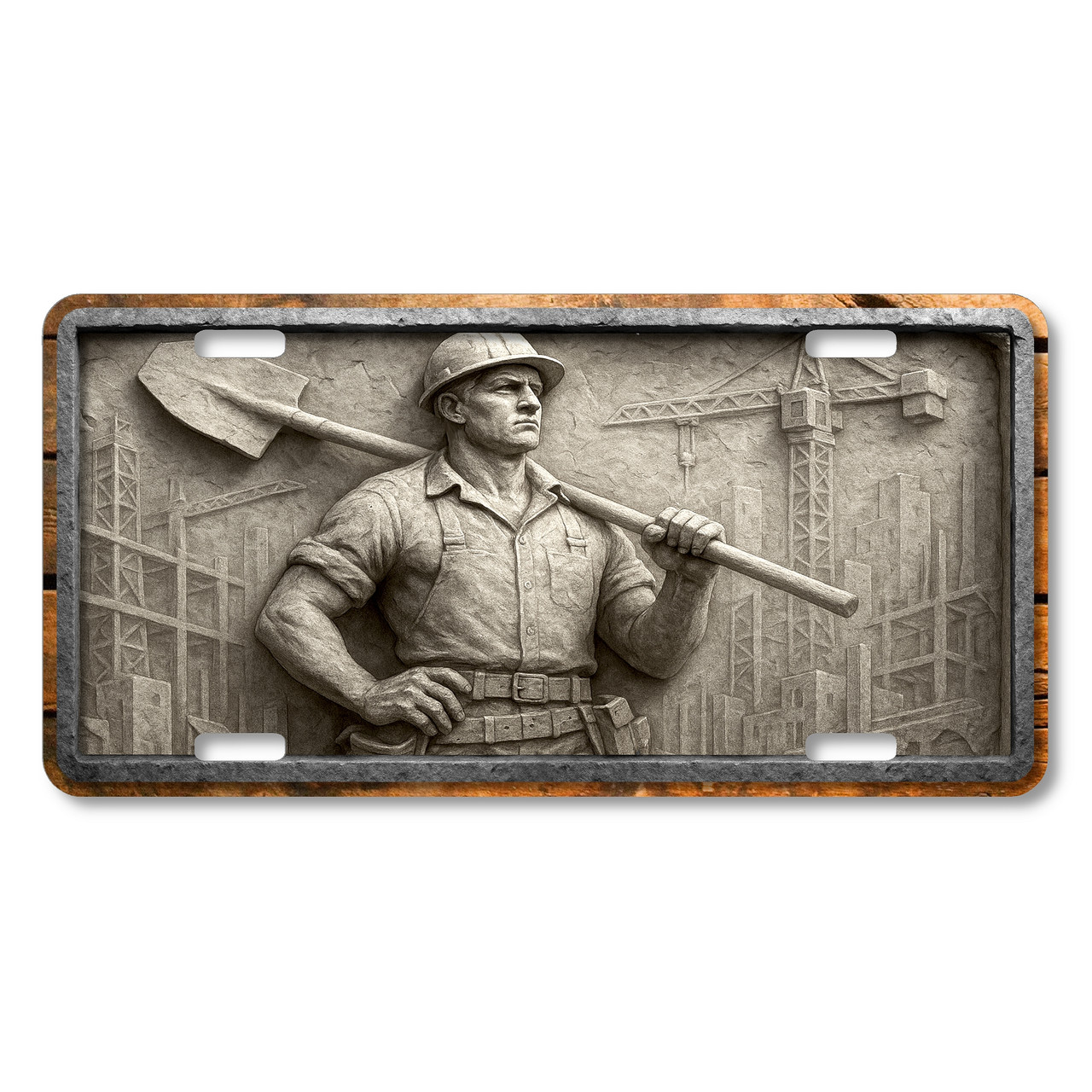 Stone relief-style construction worker holding a shovel with cranes and buildings in the background, flat printed on an aluminum license plate.