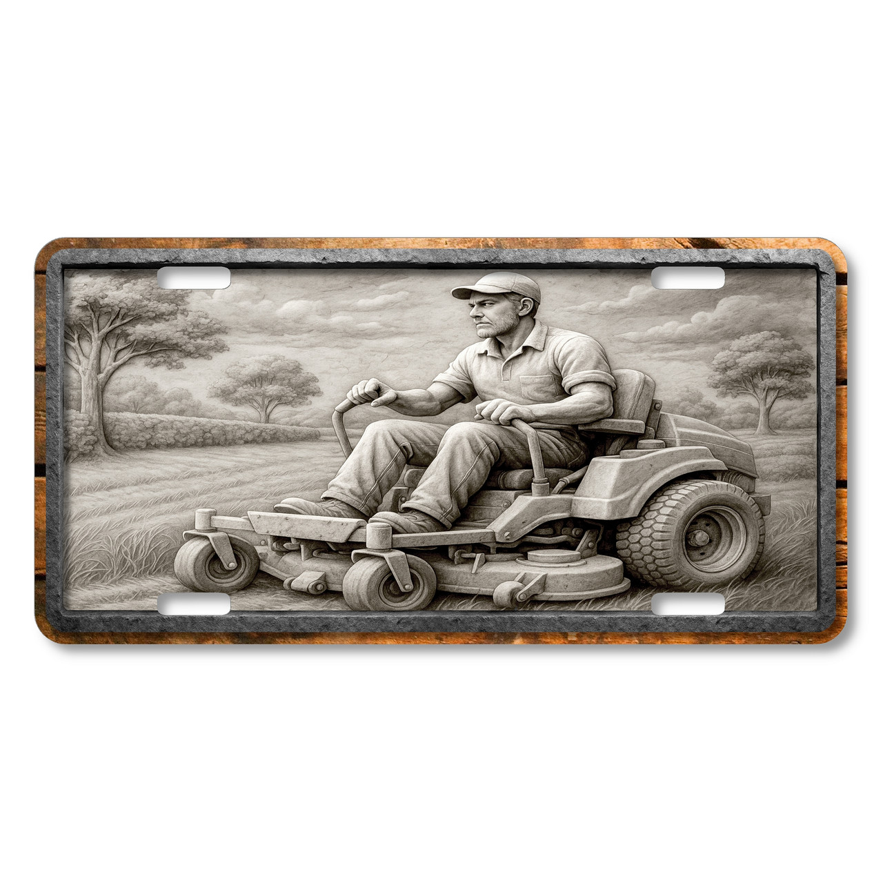 Stone relief-style landscaper riding a zero-turn mower cutting grass in a scenic field, flat printed on an aluminum license plate.