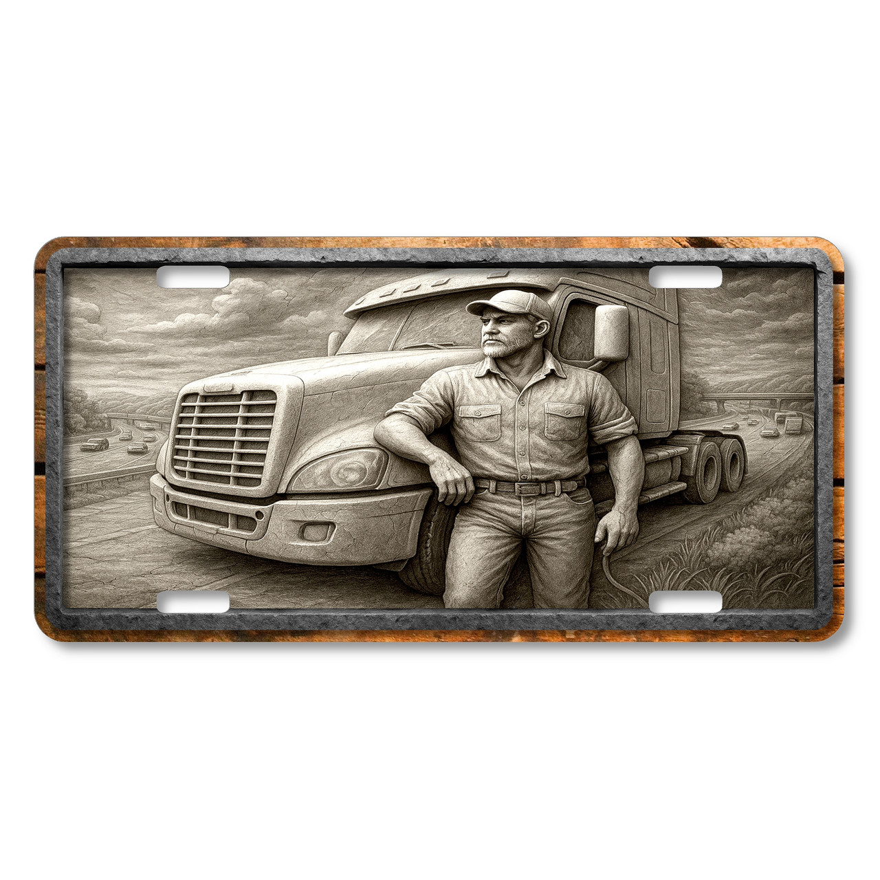 Stone relief-style truck driver standing beside a semi-truck on an open highway, flat printed on an aluminum license plate.