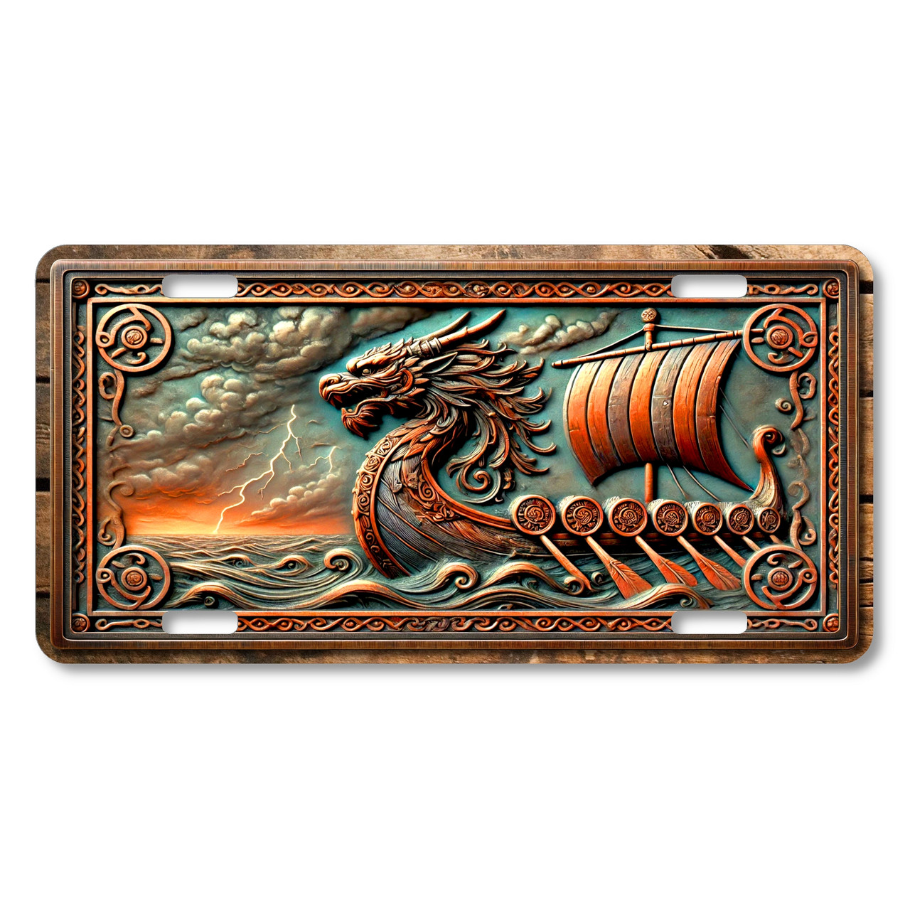 Viking longship dragon license plate featuring Norse ship flat printed design