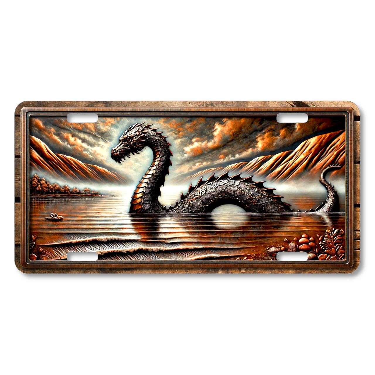Loch Ness Monster license plate featuring a mythical lake serpent rising from calm waters, printed on aluminum.
