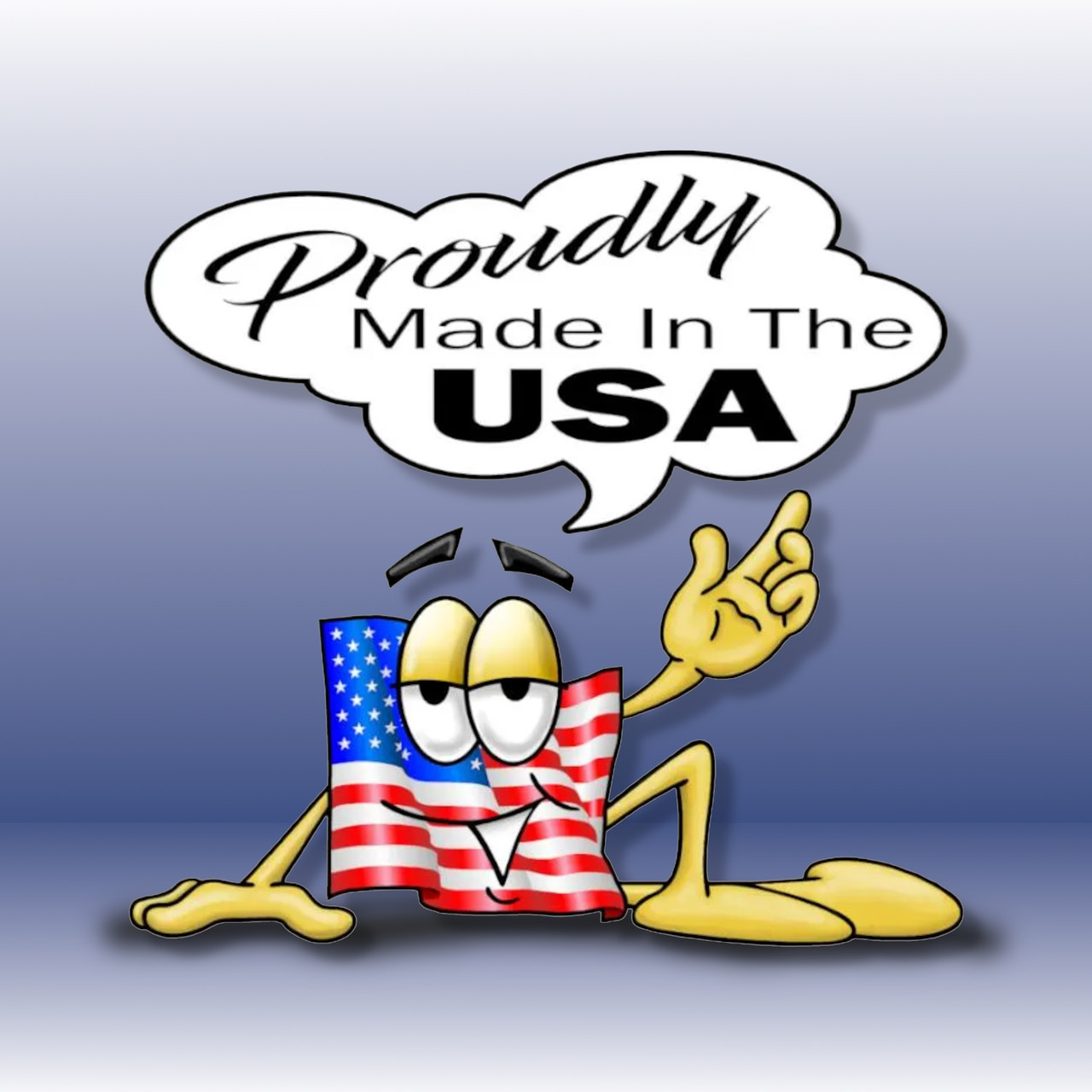 Cartoon graphic of a waving American flag character pointing to a speech bubble that reads Proudly Made in the USA.