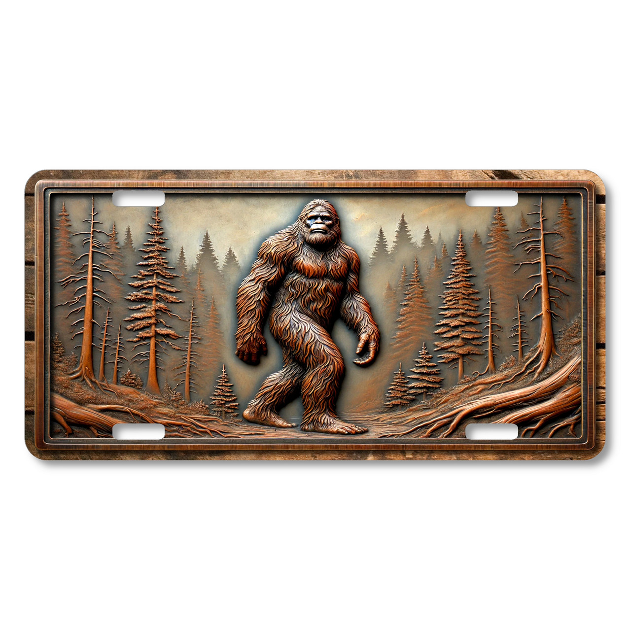 Bigfoot forest walker license plate featuring a full-body Sasquatch walking through pine trees, printed on aluminum.
