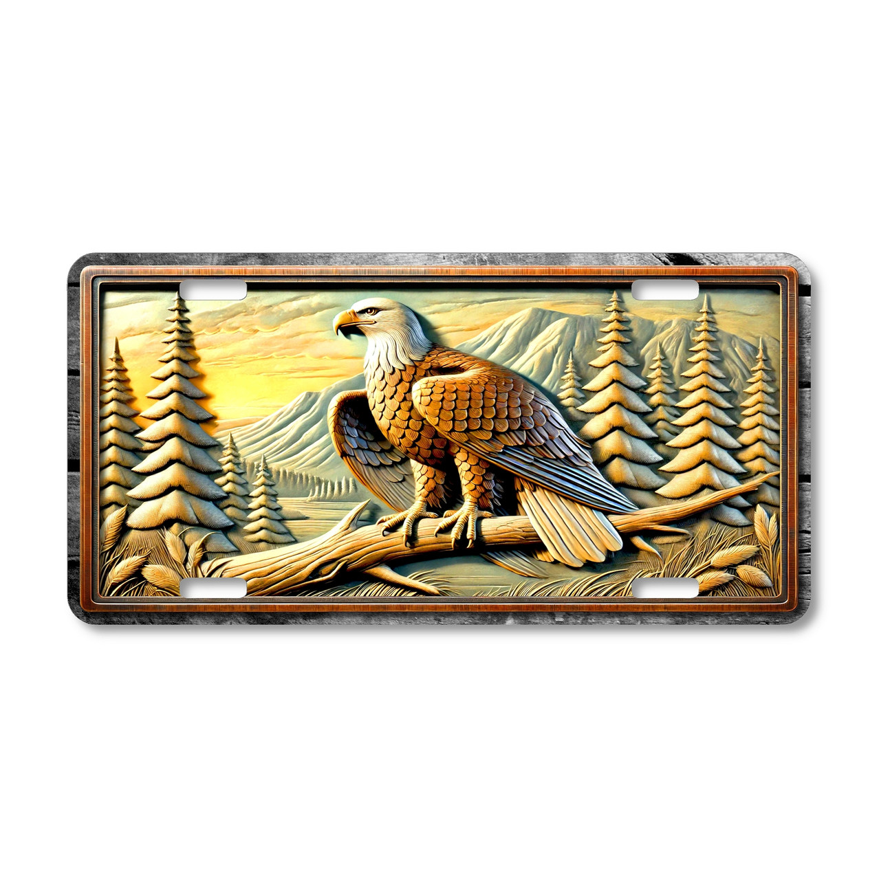 Bald eagle mountain scene aluminum license plate featuring detailed wildlife artwork printed as a flat sublimated design on durable aluminum.
