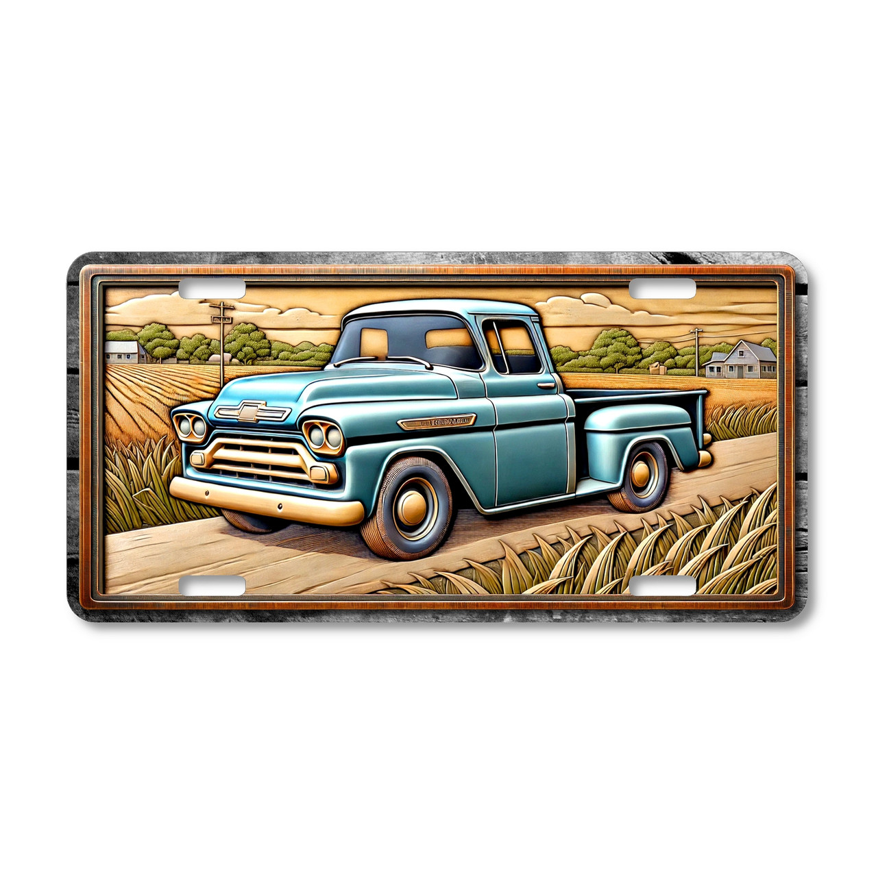 Vintage pickup truck license plate featuring a classic farm truck driving along a rural country road on aluminum.