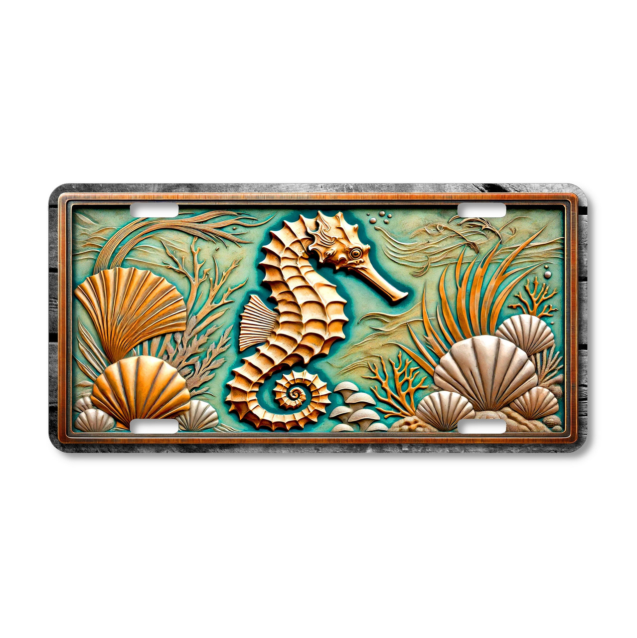 Seahorse license plate featuring stone relief-style marine artwork with seashells and ocean elements printed on aluminum