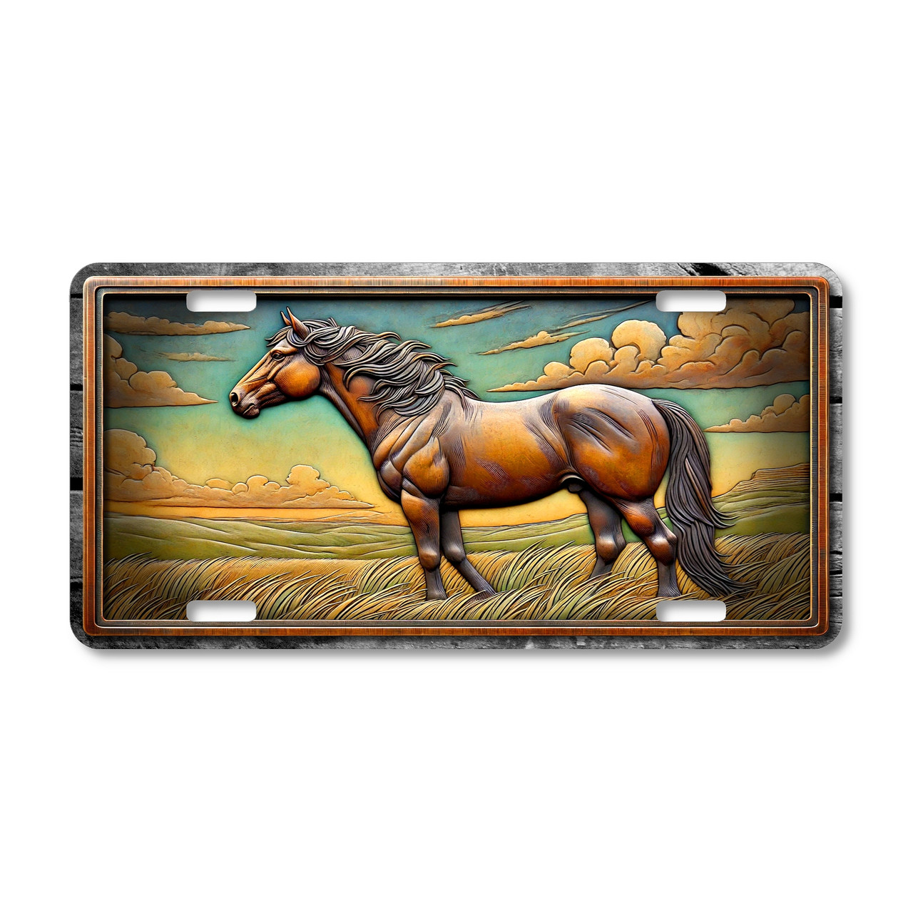 Horse prairie scene aluminum license plate featuring detailed western wildlife artwork printed as a flat sublimated design on durable aluminum.