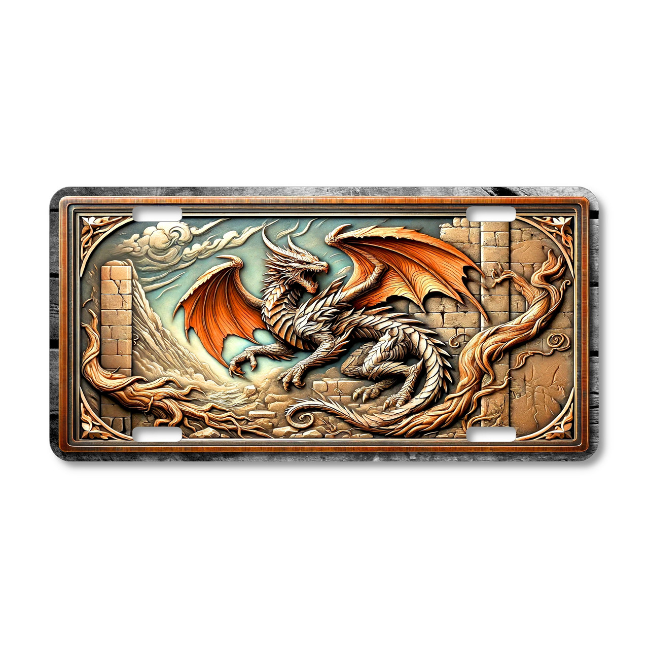 Fantasy dragon license plate featuring stone relief-style artwork printed on aluminum with dramatic medieval design elements.
