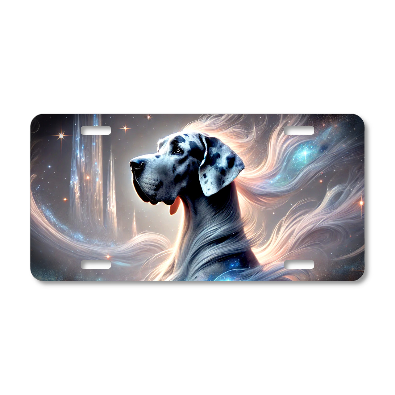 Great Dane spirit dog artwork with flowing silver-blue cosmic light and celestial space background printed on a flat sublimated aluminum license plate.