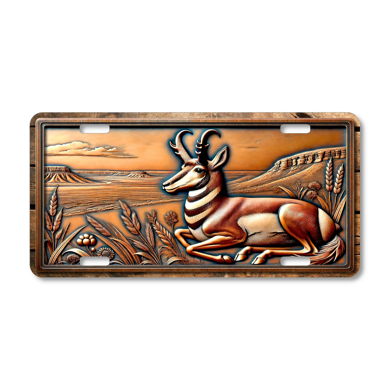 Rustic pronghorn license plate with lifelike copper embossed-style antelope in desert scene.