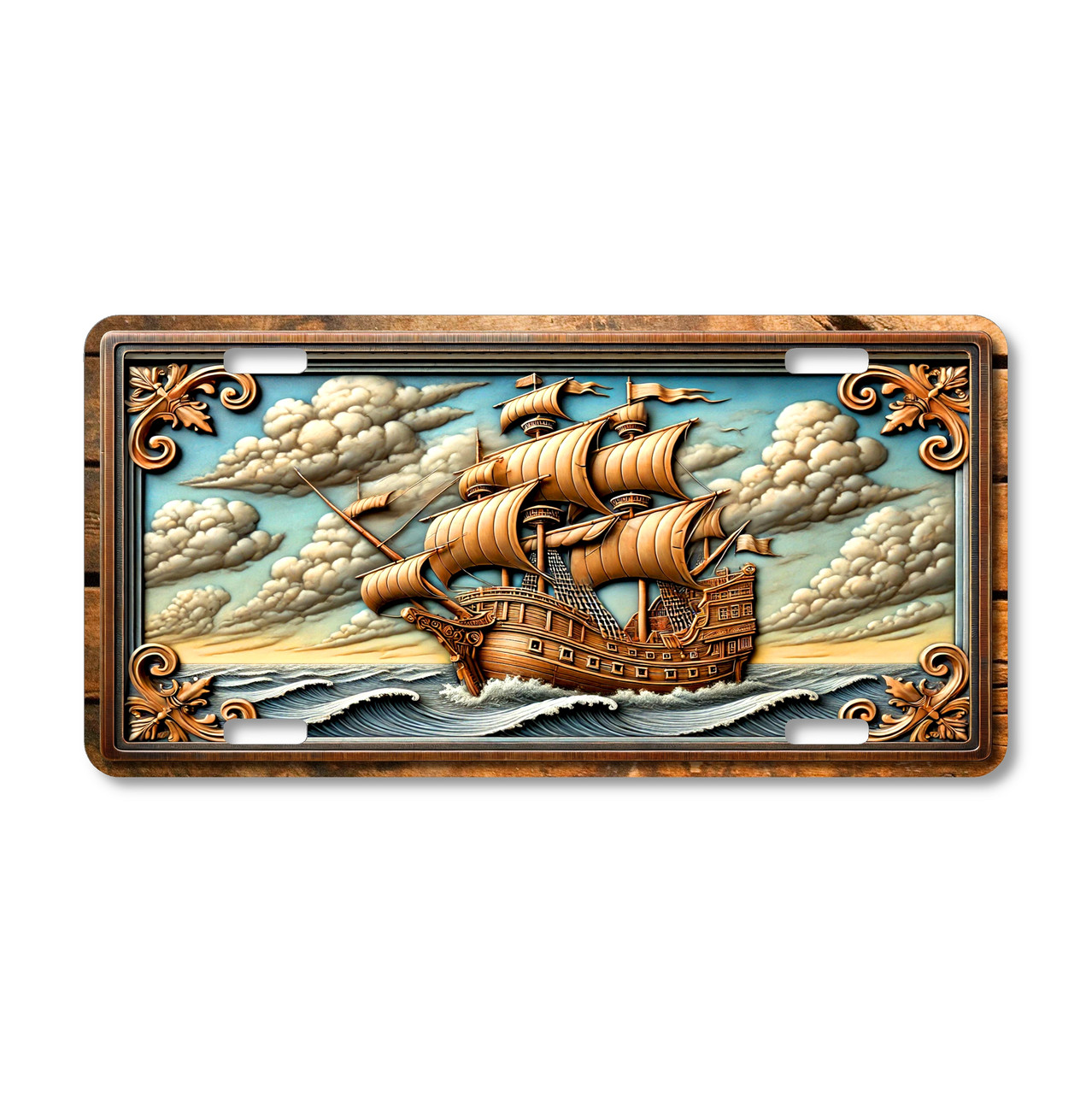 Stately sailing ship license plate featuring a classic tall ship sailing over ocean waves with ornate vintage nautical framing, printed on aluminum.