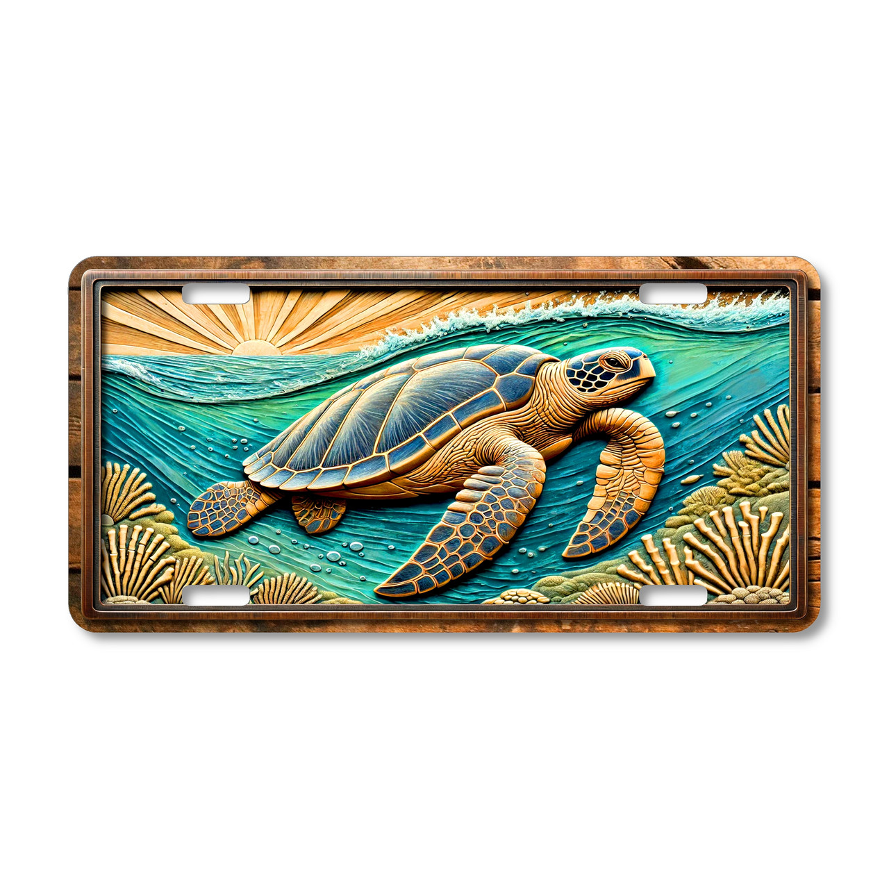 Sea turtle swimming over a coral reef illustrated on a 12x6 aluminum license plate, featuring ocean waves and detailed marine life artwork.