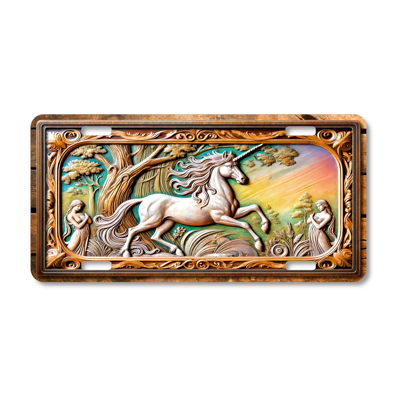 White unicorn running through an enchanted forest scene illustrated on a 12x6 aluminum license plate with fantasy woodland artwork.