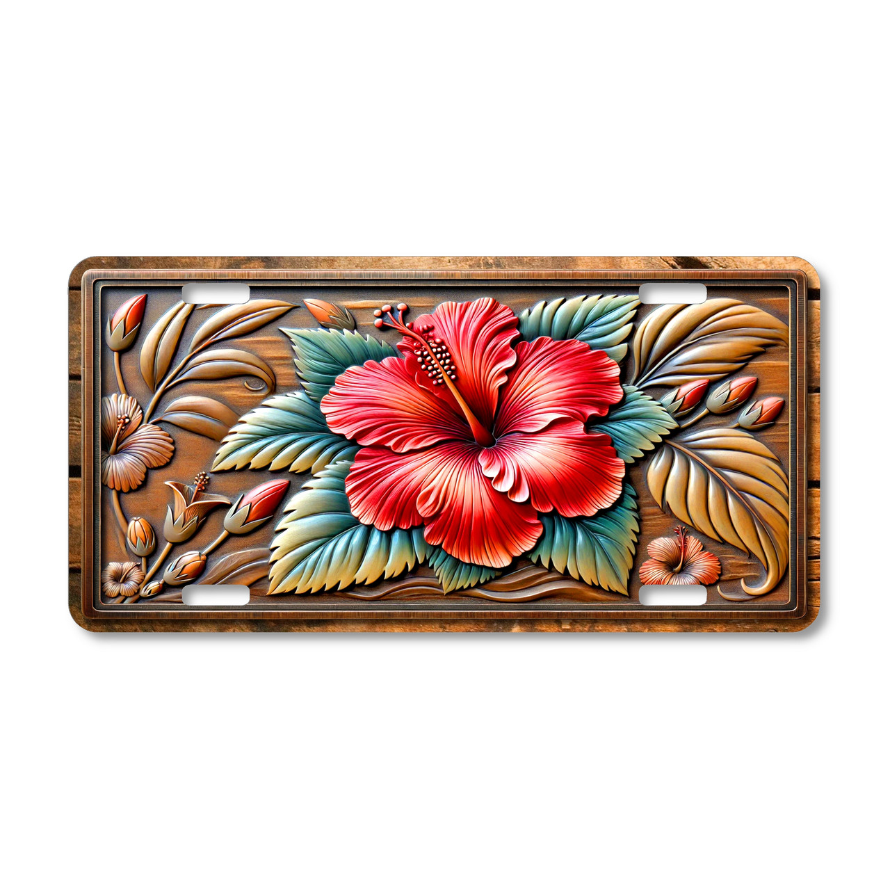 Red hibiscus flower with tropical leaves illustrated on a 12x6 aluminum license plate with bold floral artwork.
