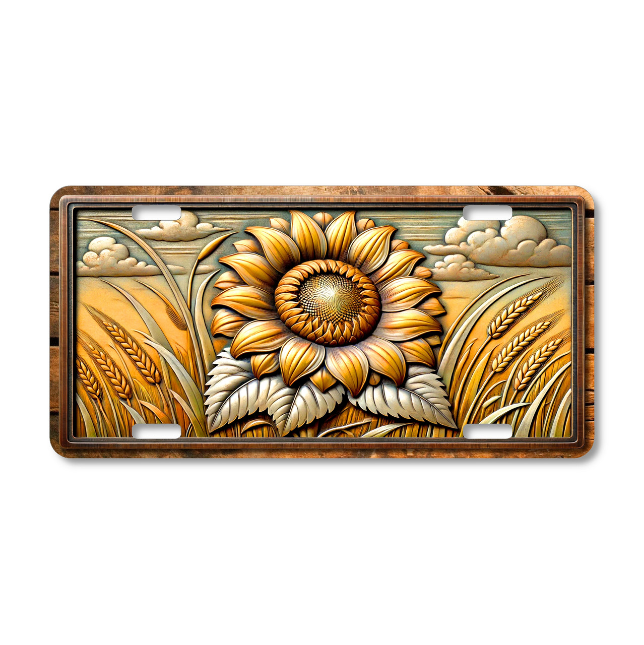 Sunflower standing in a golden wheat field illustrated on an aluminum license plate