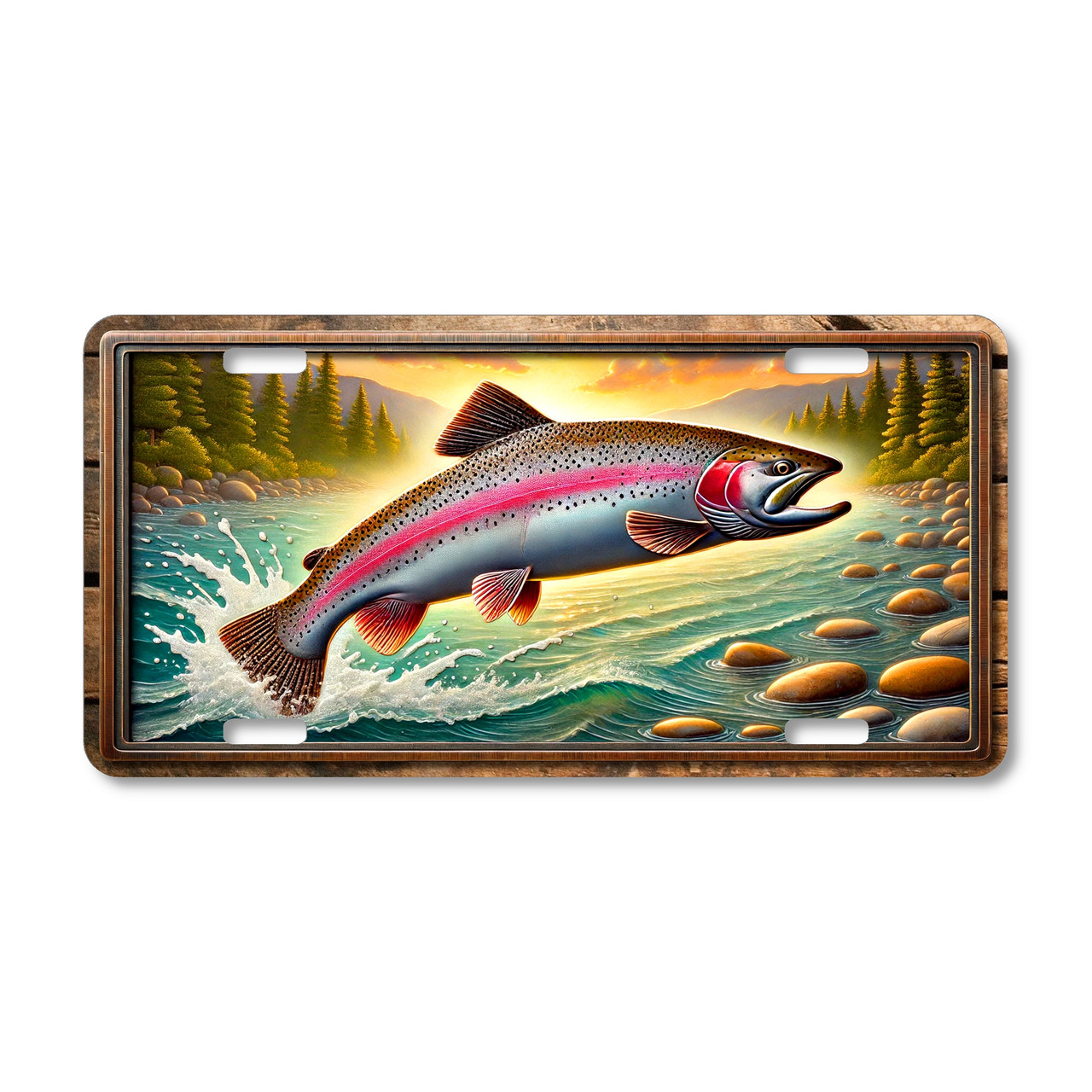 Fishing license plate featuring a rainbow trout leaping through a clear freshwater river with rocks and splashing water, printed on aluminum.