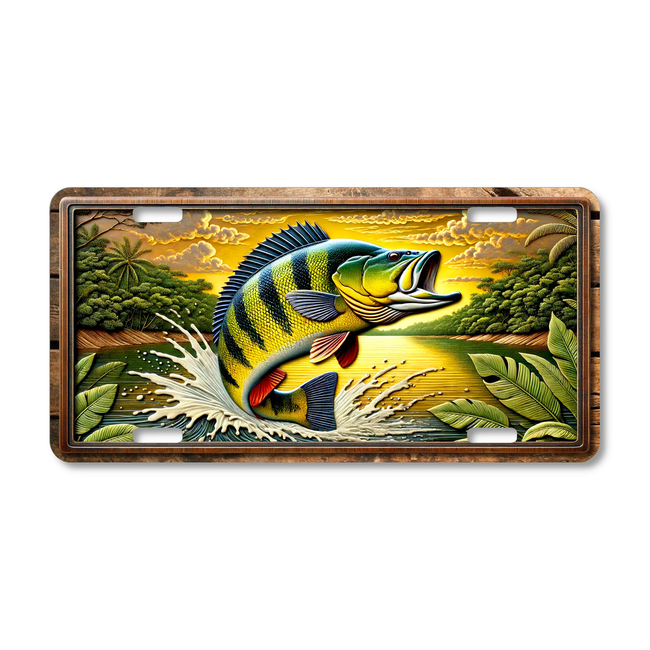 Fishing license plate featuring a peacock bass leaping from tropical freshwater at sunset with jungle scenery, printed on aluminum.