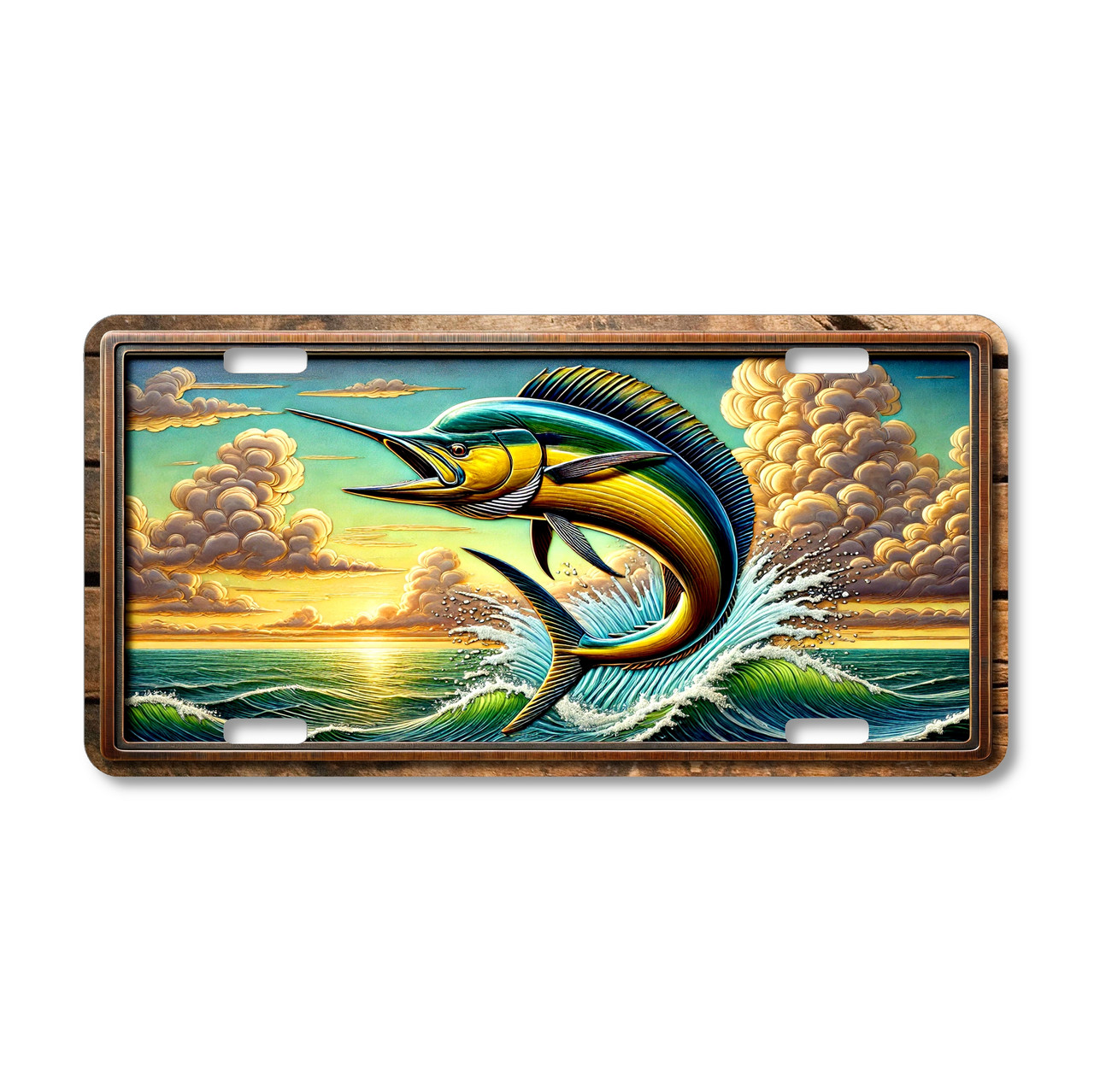 Fishing license plate featuring a mahi-mahi leaping from ocean waves at sunset, printed on aluminum.