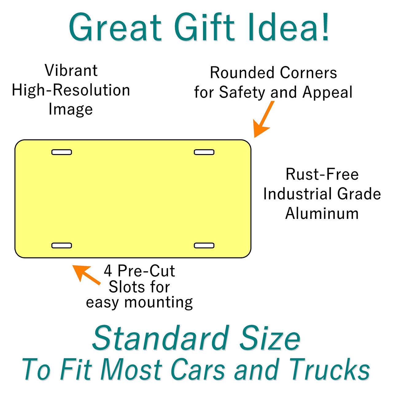 Illustrated diagram of a standard 12x6 inch aluminum license plate showing vibrant high-resolution image area, rounded corners, rust-free industrial grade aluminum construction, and four pre-cut mounting slots for easy installation.
